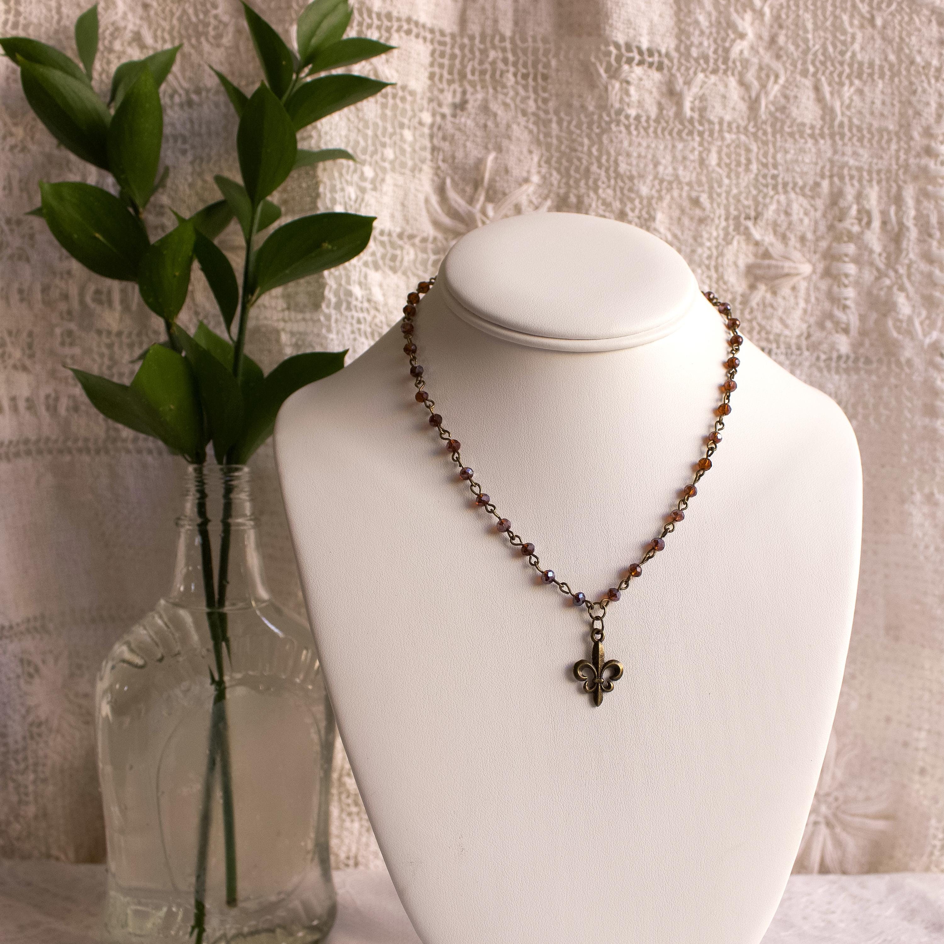 Vintage Inspired Brown Purple Beaded Fleur De Lis Necklace – Handmade Bronze Charm Jewelry