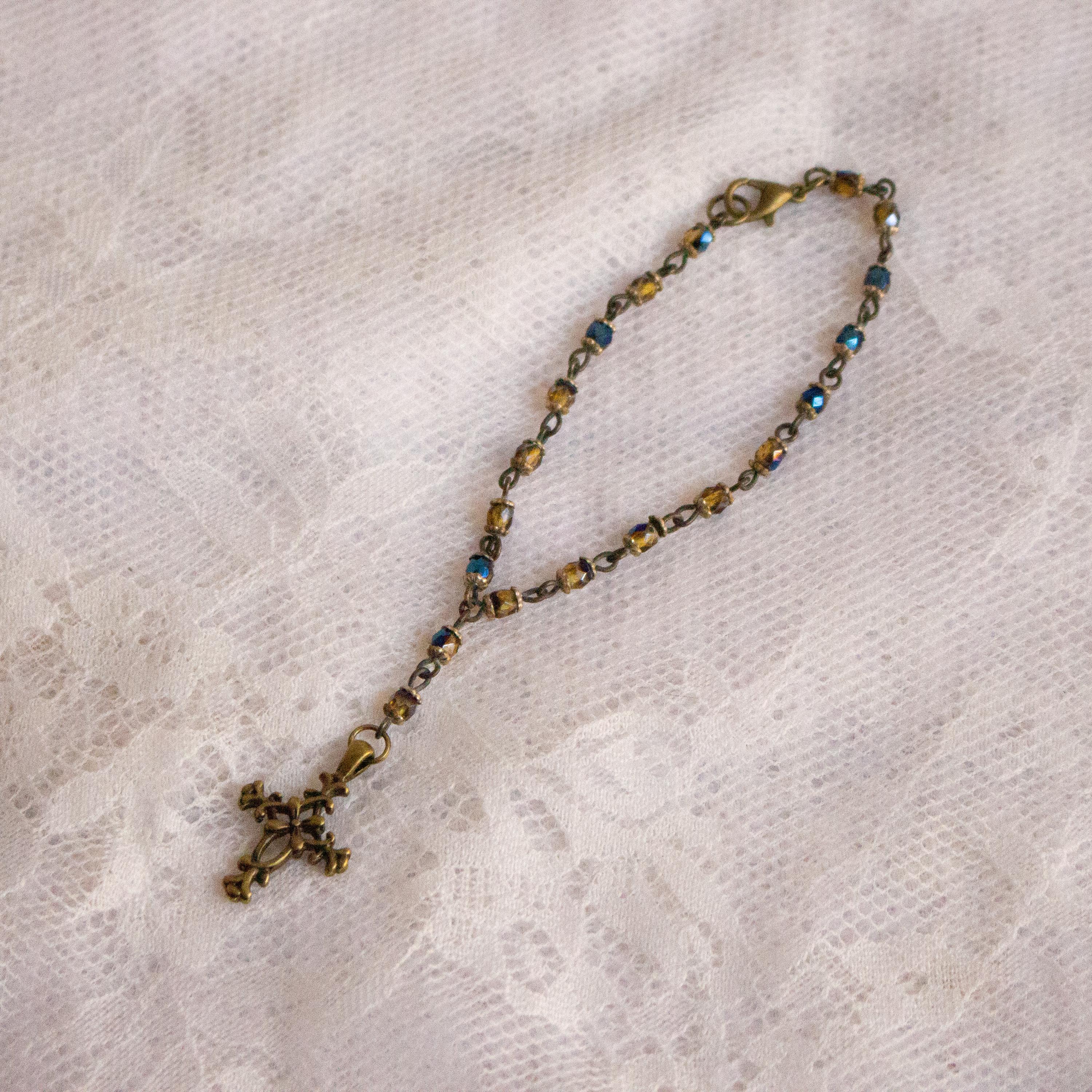 Vintage-Inspired Gold & Blue Shift Bead Cross Bracelet – Rosary Style Religious Jewelry
