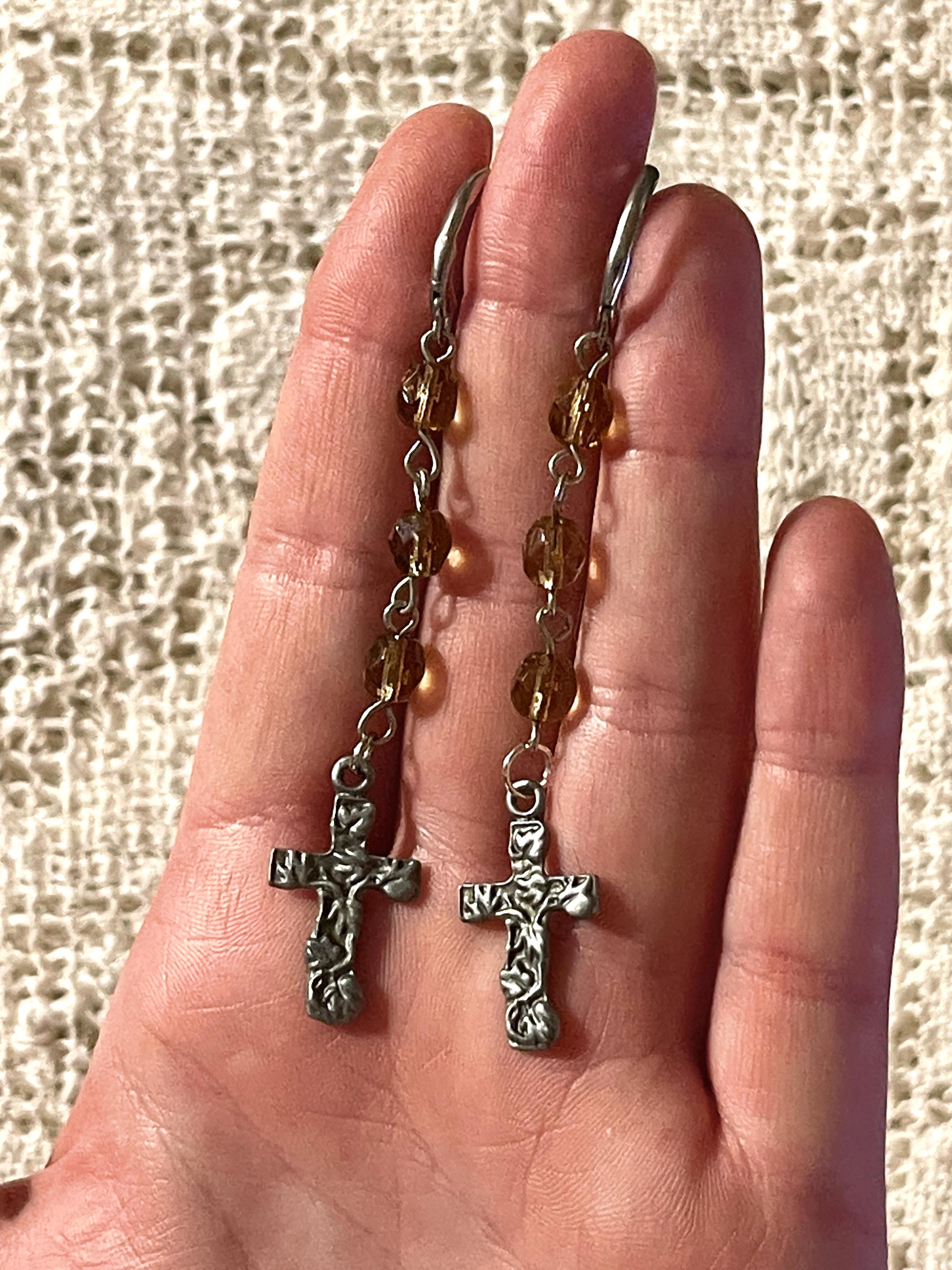 Vintage Inspired Tea Colored Bead Cross Pendant Drop Earrings - Rosary Style Jewelry