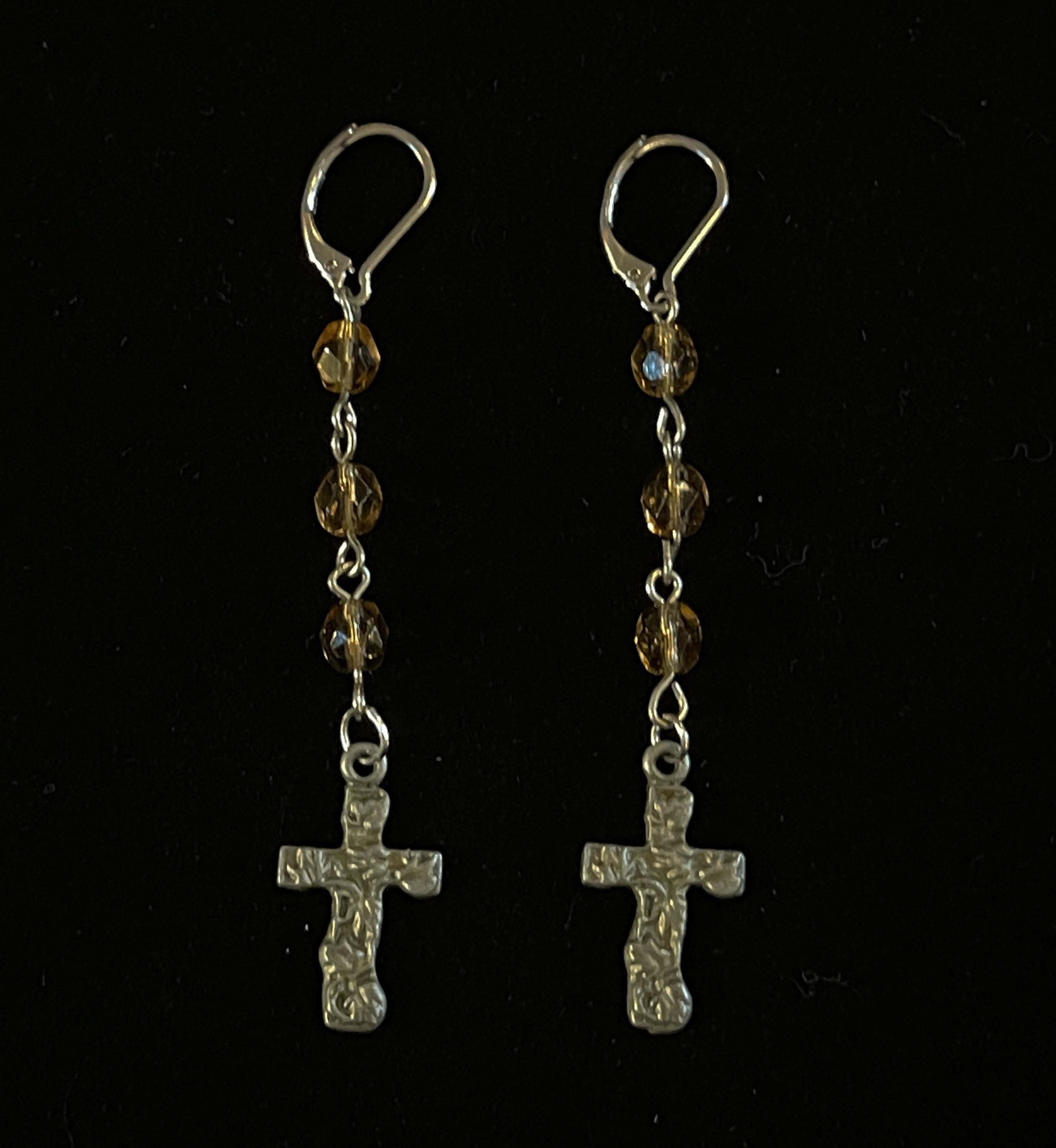 Vintage Inspired Tea Colored Bead Cross Pendant Drop Earrings - Rosary Style Jewelry