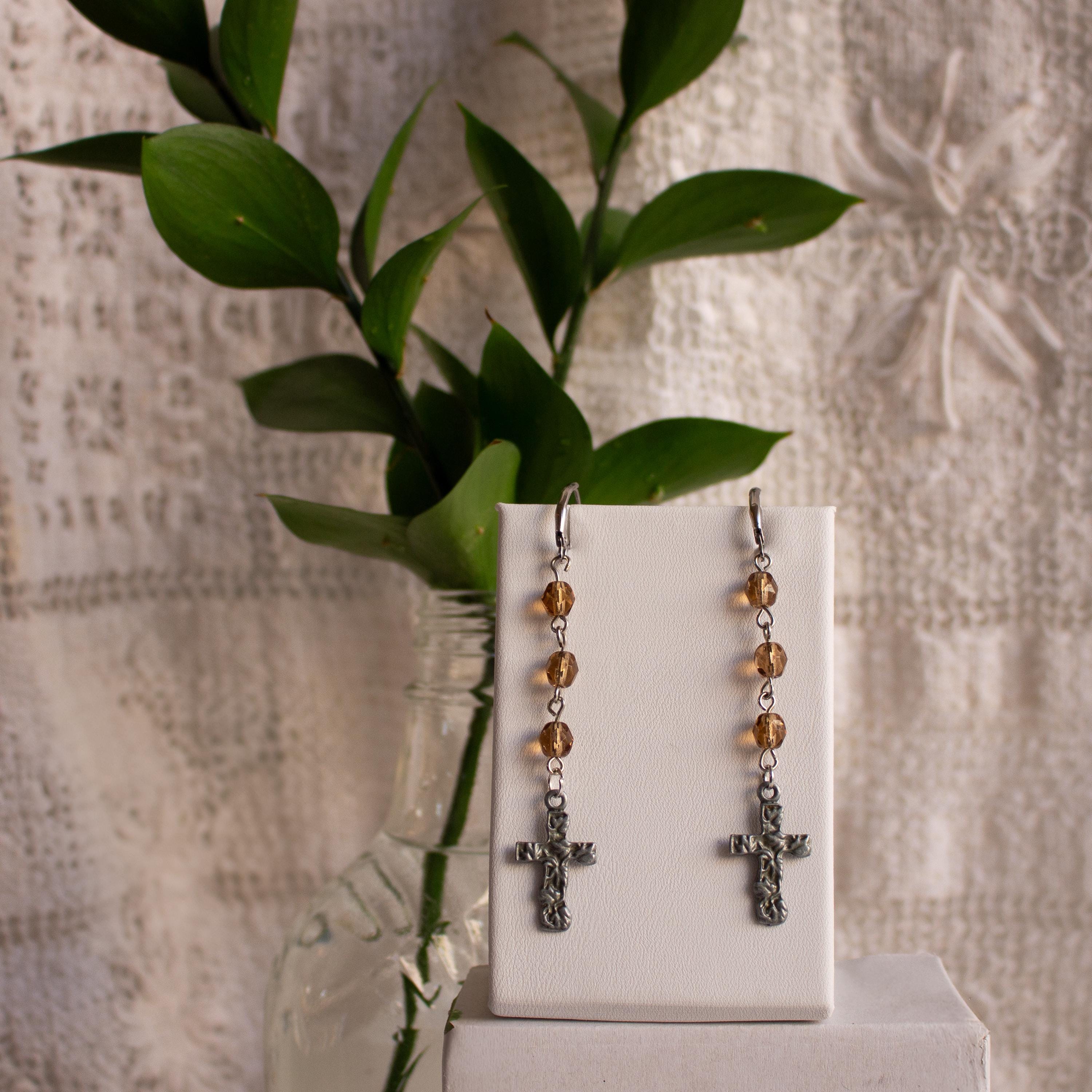Vintage Inspired Tea Colored Bead Cross Pendant Drop Earrings - Rosary Style Jewelry