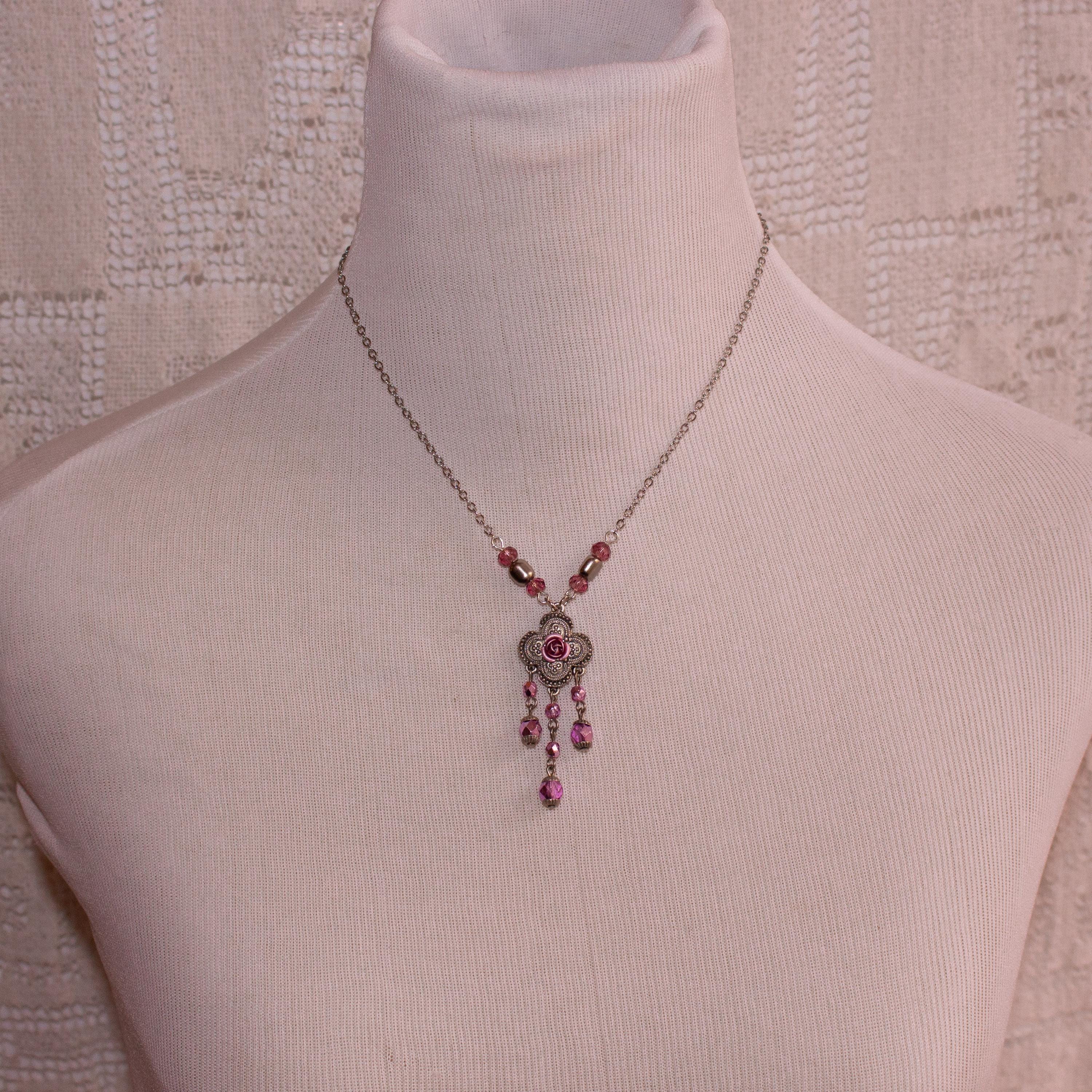 Pink Flower Pendant Necklace – Vintage Inspired Beaded Rose Necklace with Romantic Cottagecore Charm