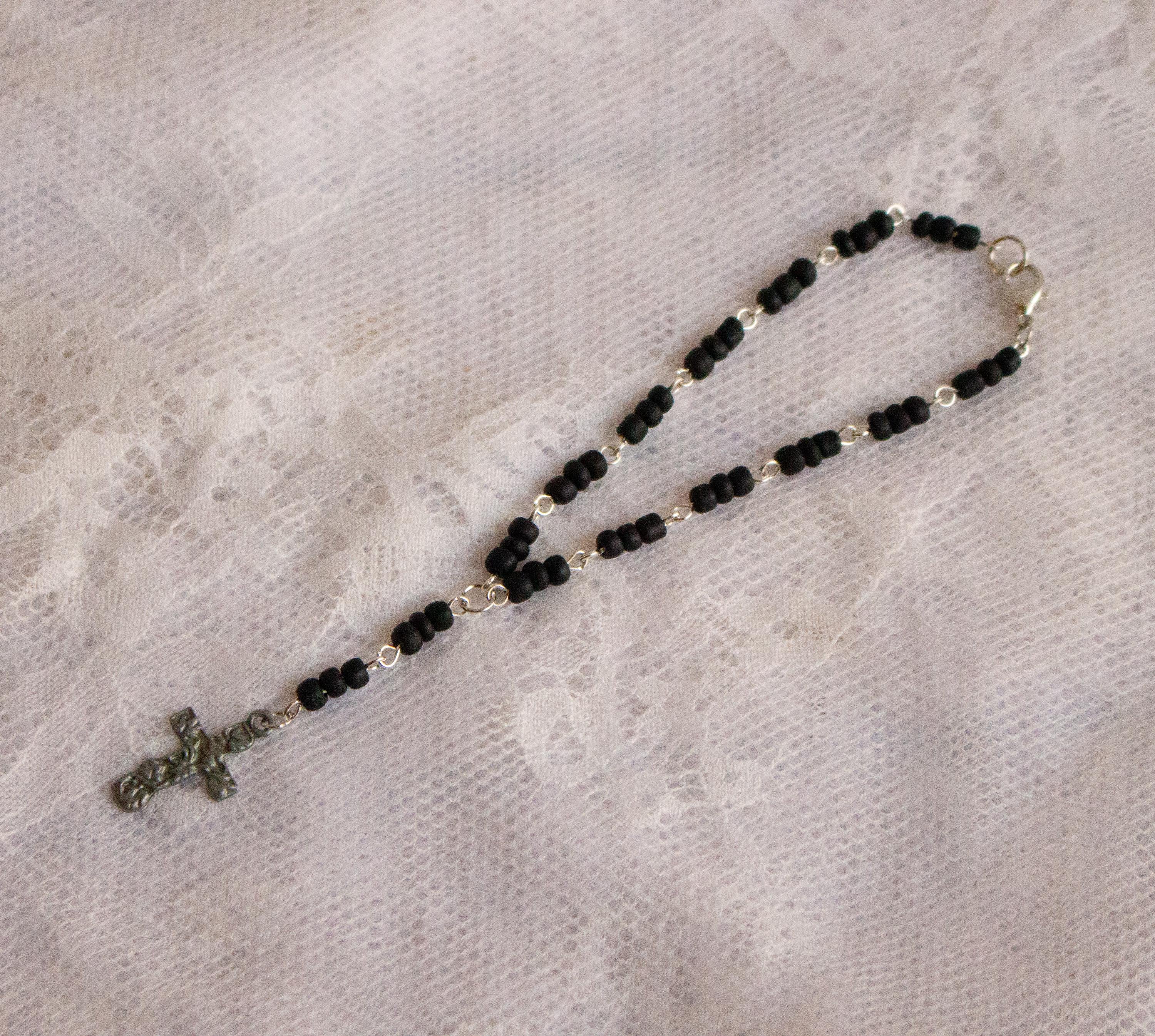 Black and Silver Rosary-Style Drop Cross Handmade Bracelet – Spiritual Beaded Jewelry