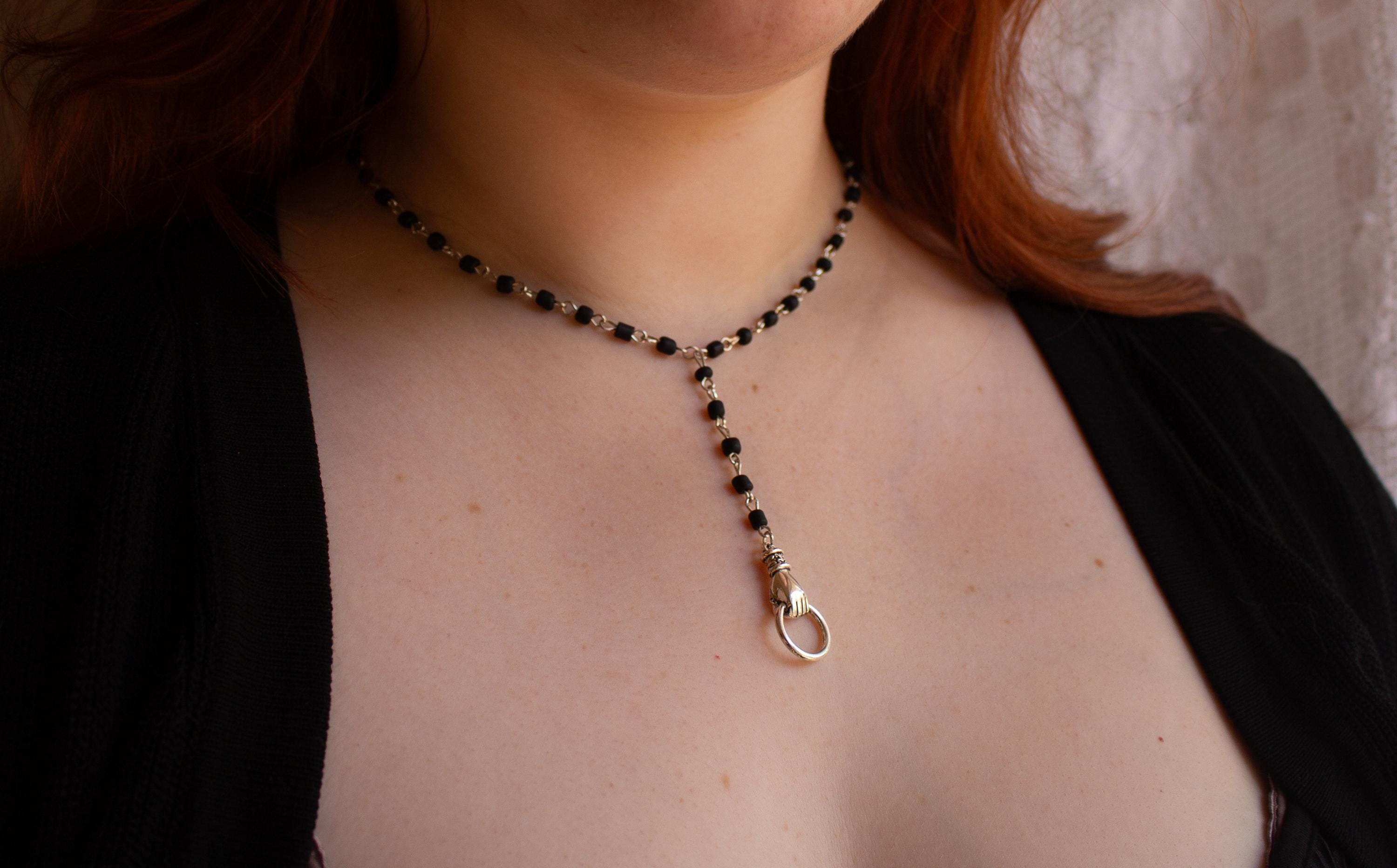 Victorian Hand Knocker Rosary Necklace: Gothic Black Beaded Y-Drop