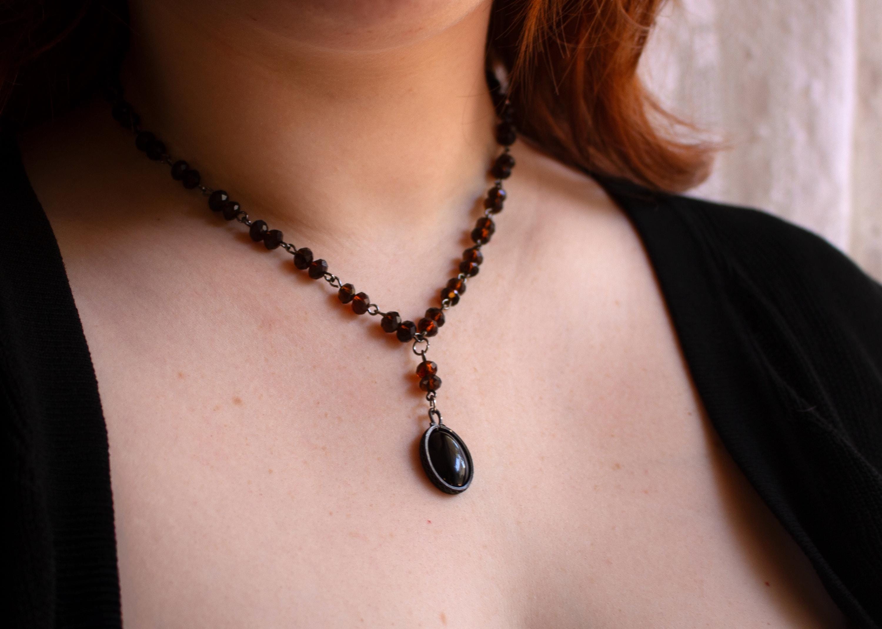 Vintage Inspired Black Stone Rosary Style Drop Necklace with Brown Beads – Handmade Spiritual Jewelry