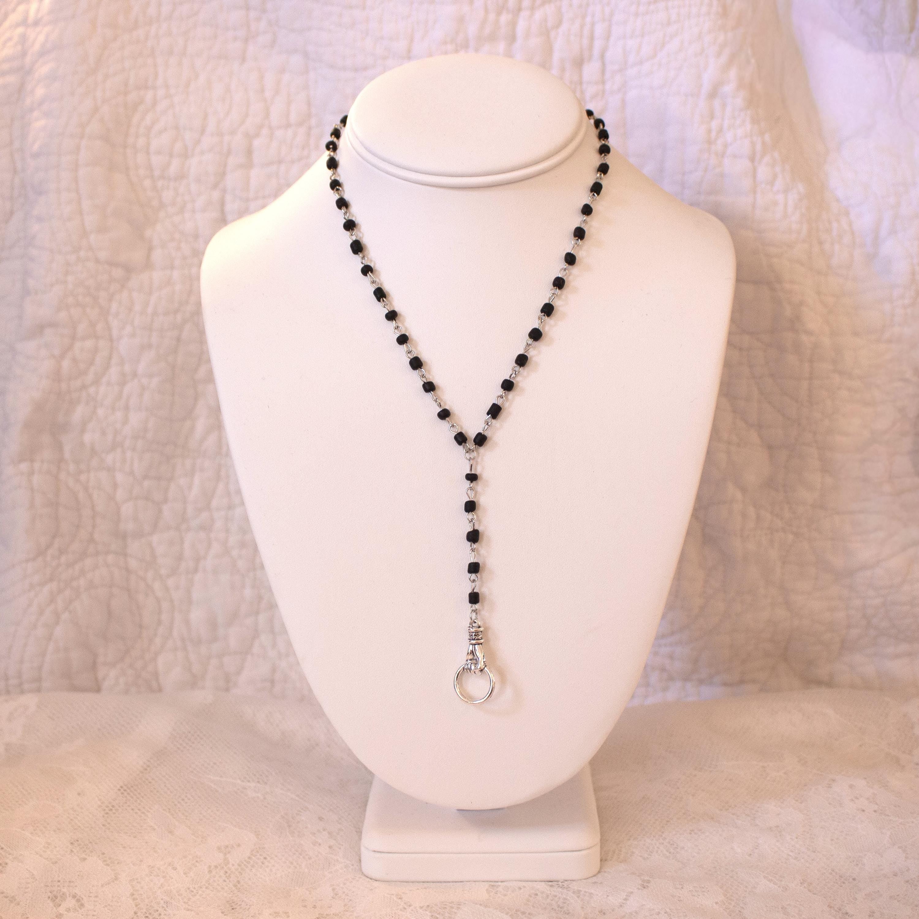 Victorian Hand Knocker Rosary Necklace: Gothic Black Beaded Y-Drop