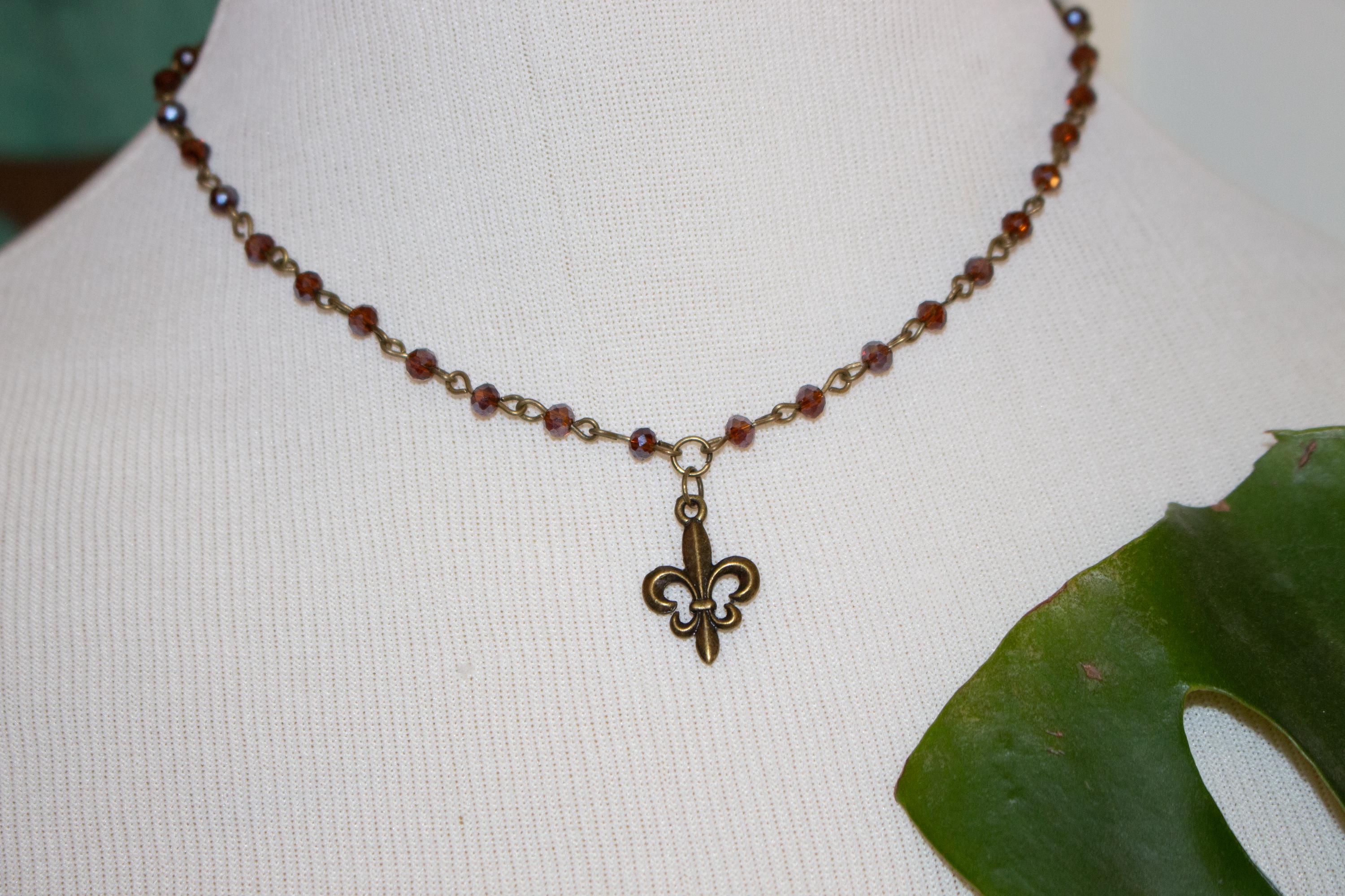 Vintage Inspired Brown Purple Beaded Fleur De Lis Necklace – Handmade Bronze Charm Jewelry