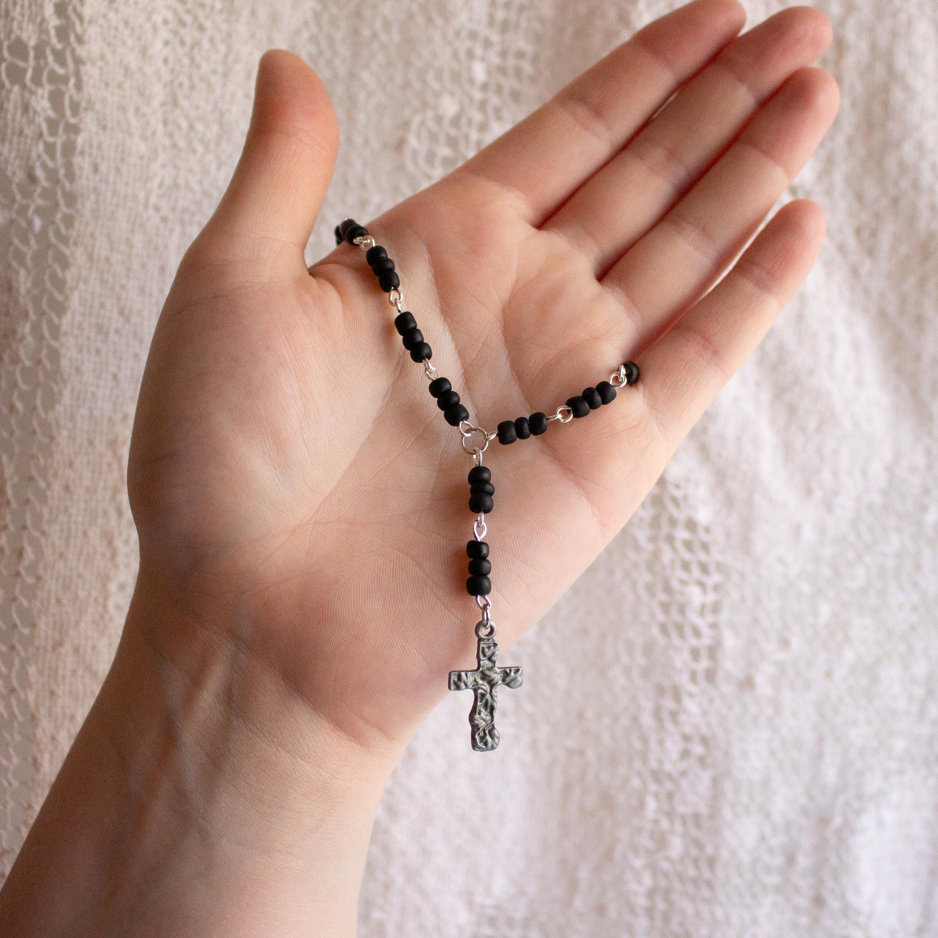Black and Silver Rosary-Style Drop Cross Handmade Bracelet – Spiritual Beaded Jewelry