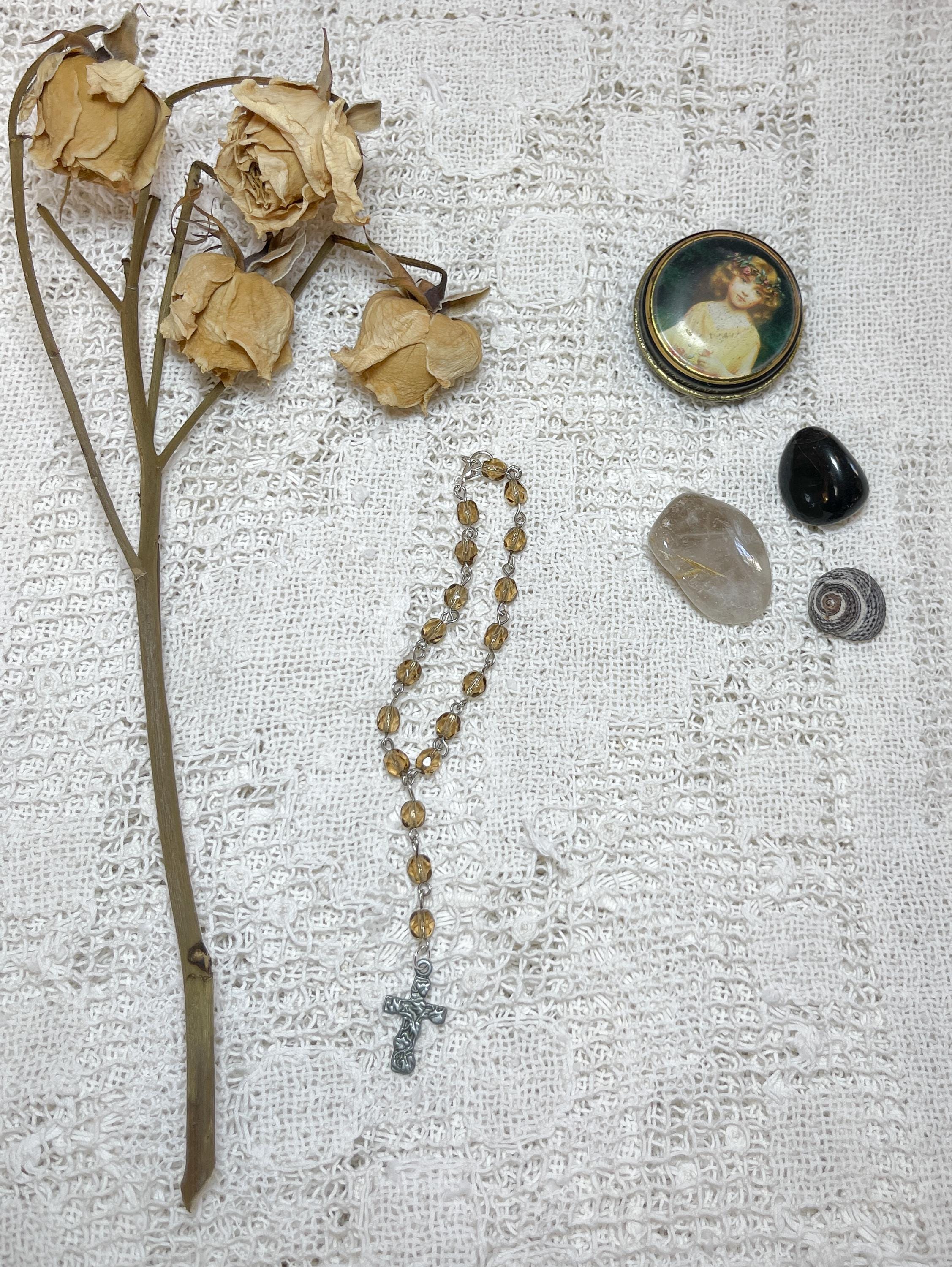 Tea Color Vintage Faceted Glass Bead Rosary-Style Silver Bracelet – Handmade Elegant Jewelry