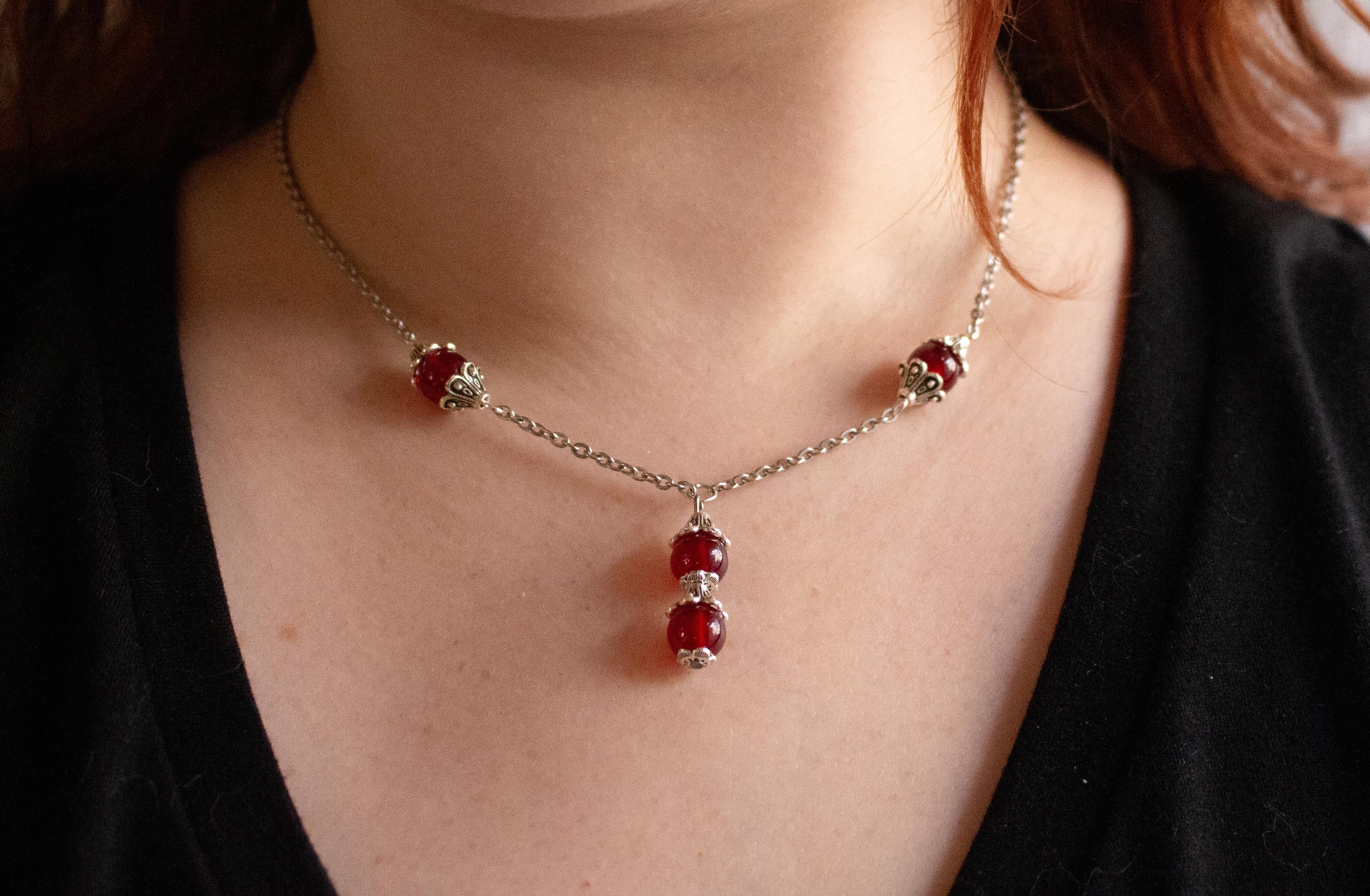 Vintage Inspired Red Delicate Flower Drop Glass Beaded Necklace – Romantic Handmade Jewelry