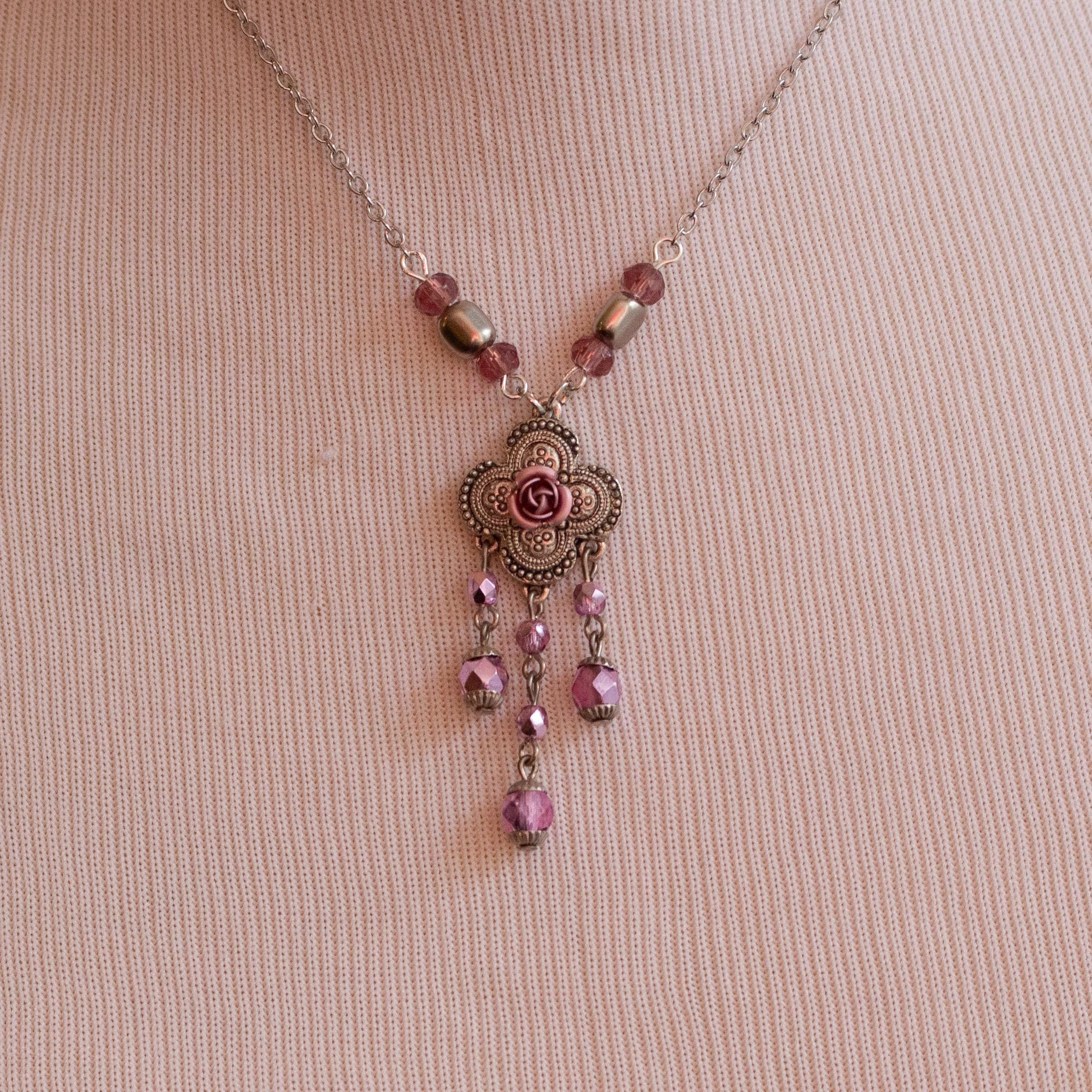 Pink Flower Pendant Necklace – Vintage Inspired Beaded Rose Necklace with Romantic Cottagecore Charm