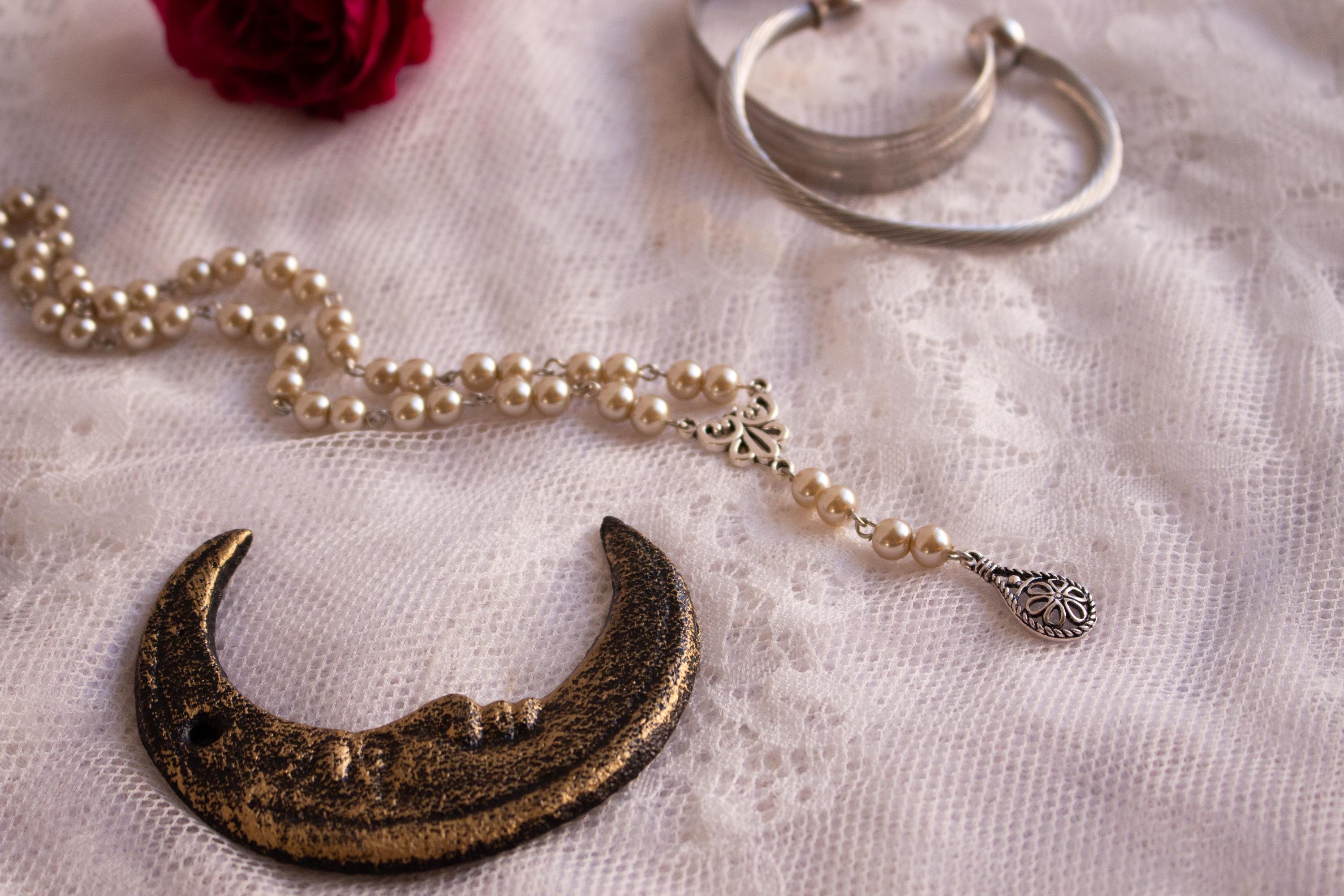 Vintage-Inspired Rosary Style Necklace with Faux Pearl Beads & Silver-Tone Pendant – Handmade Religious Jewelry