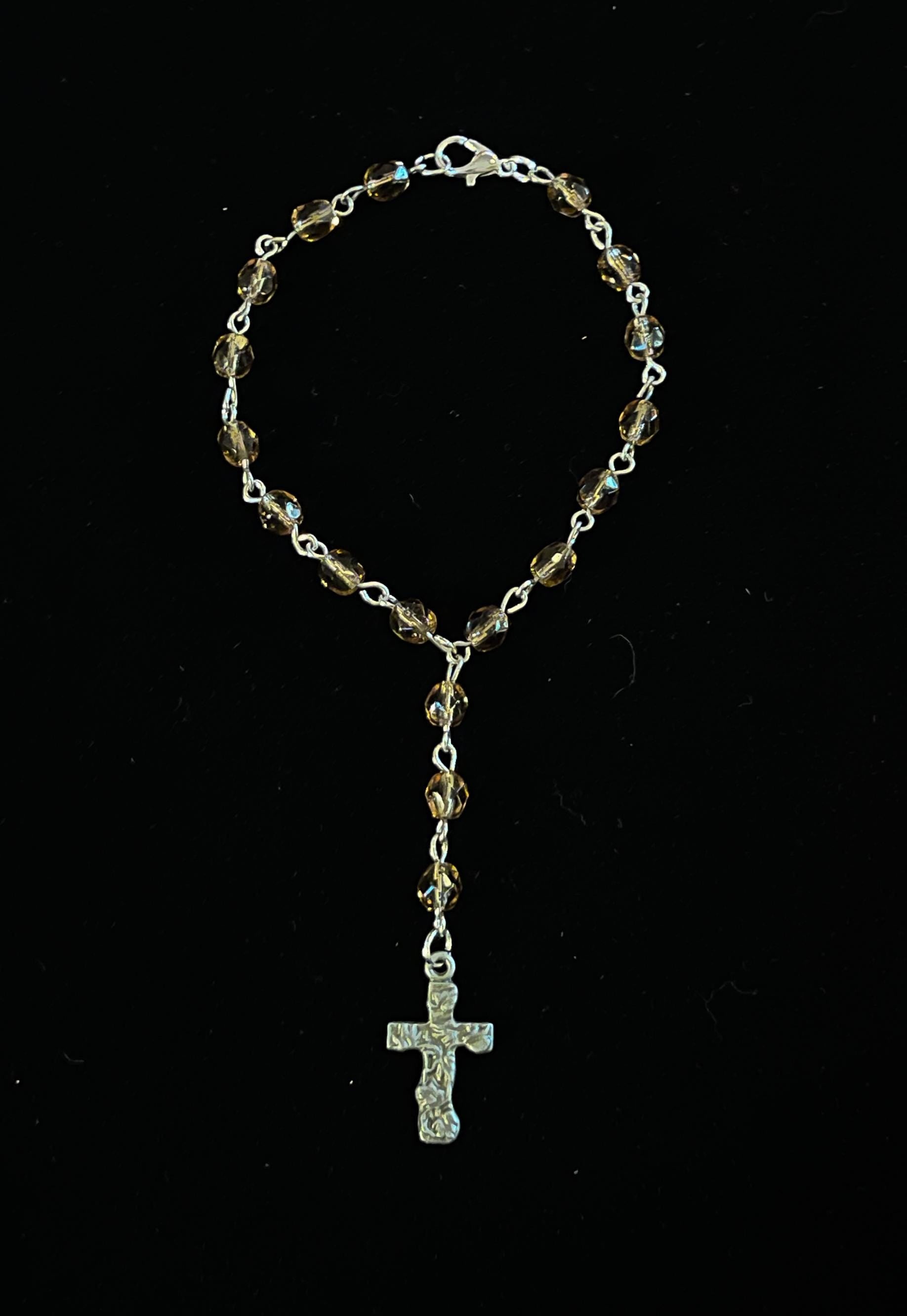 Tea Color Vintage Faceted Glass Bead Rosary-Style Silver Bracelet – Handmade Elegant Jewelry