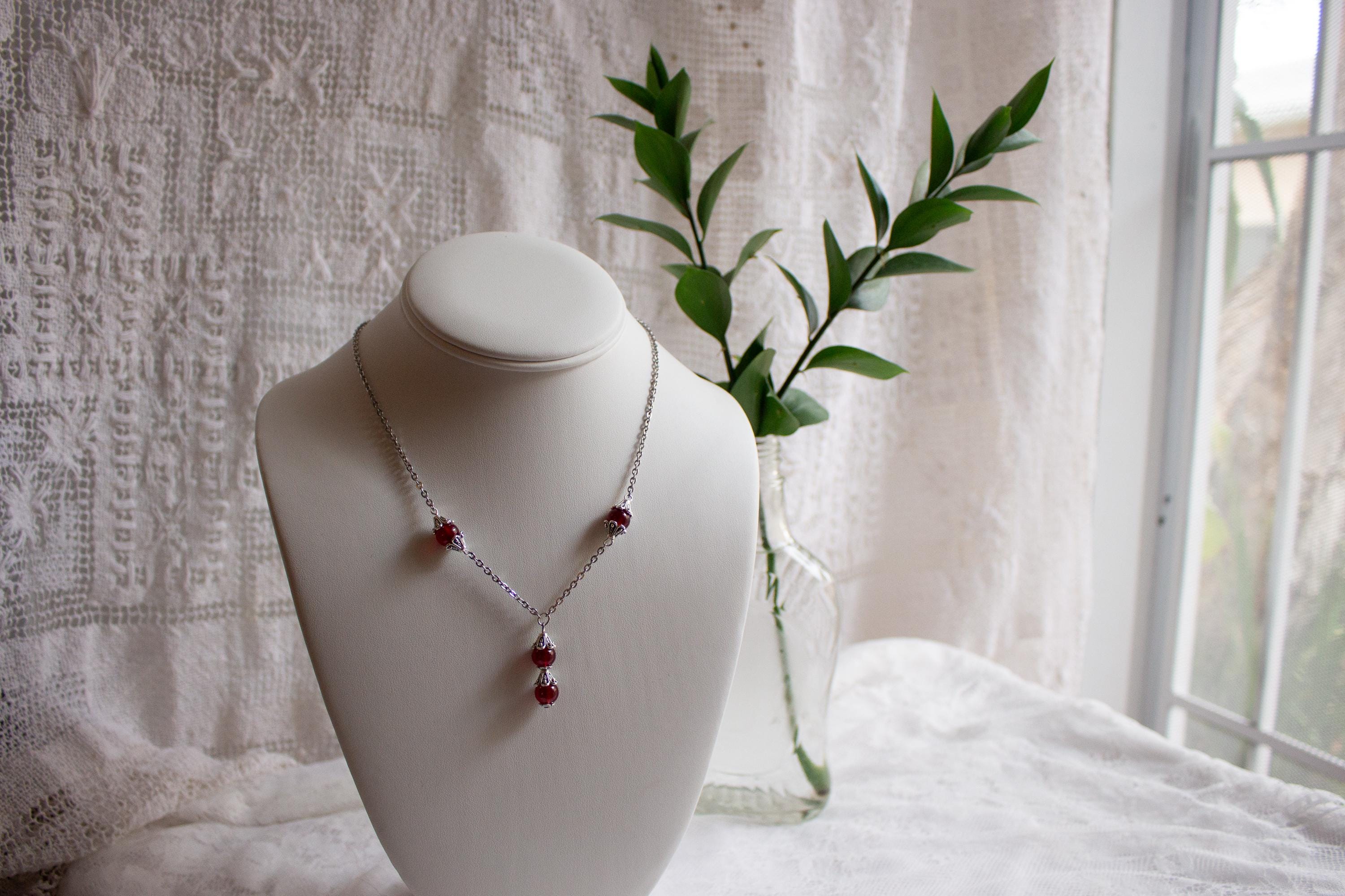 Vintage Inspired Red Delicate Flower Drop Glass Beaded Necklace – Romantic Handmade Jewelry