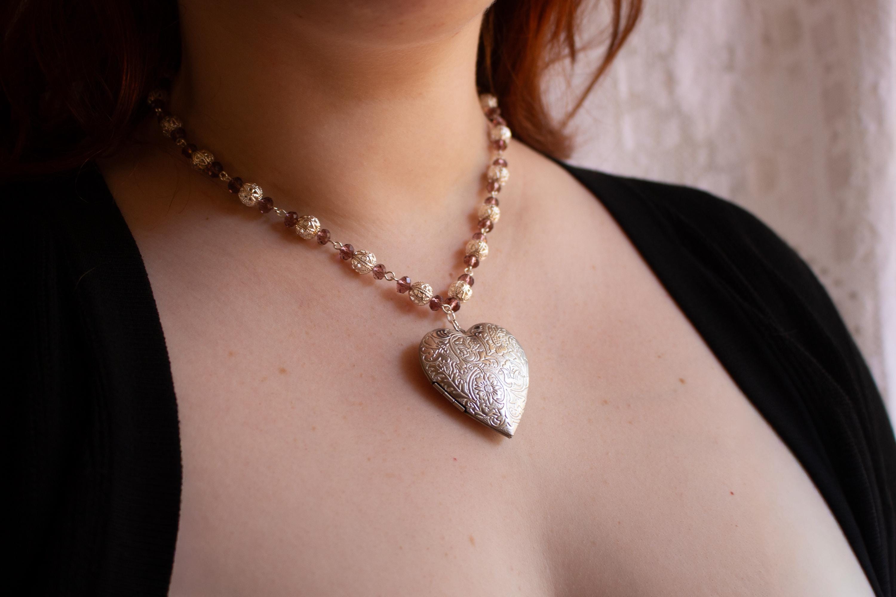 Purple and Silver Beaded Heart Locket Necklace – Vintage Inspired Oversized Pendant Jewelry