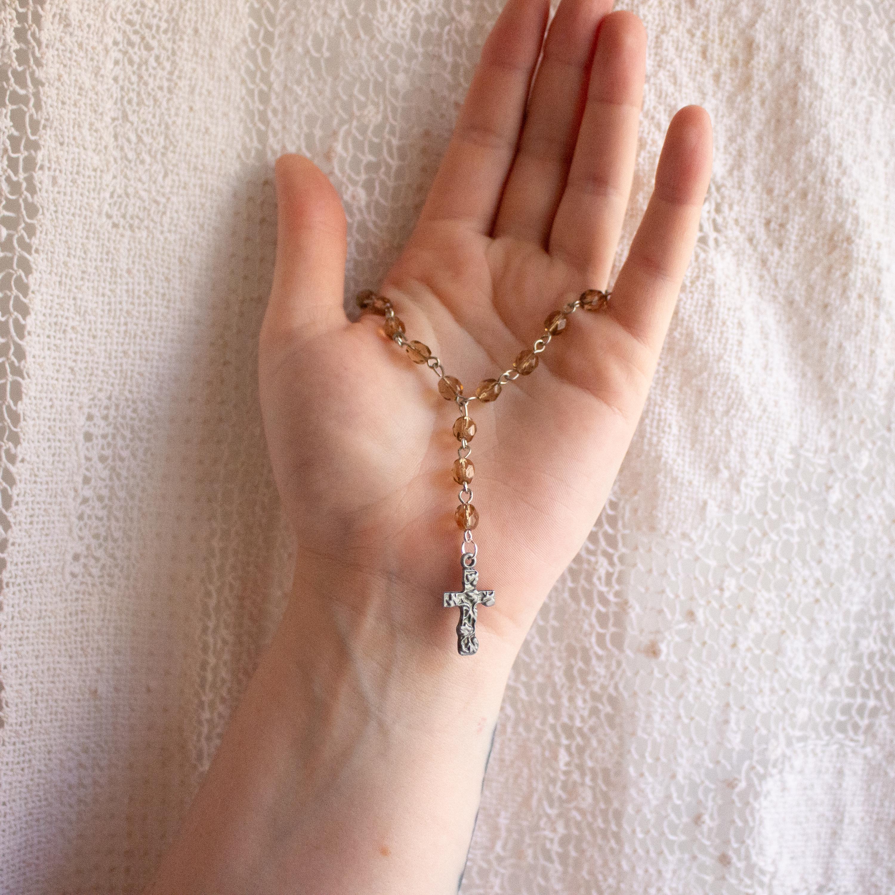 Tea Color Vintage Faceted Glass Bead Rosary-Style Silver Bracelet – Handmade Elegant Jewelry