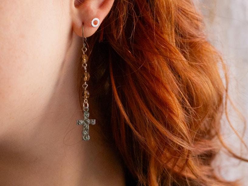 Vintage Inspired Tea Colored Bead Cross Pendant Drop Earrings - Rosary Style Jewelry