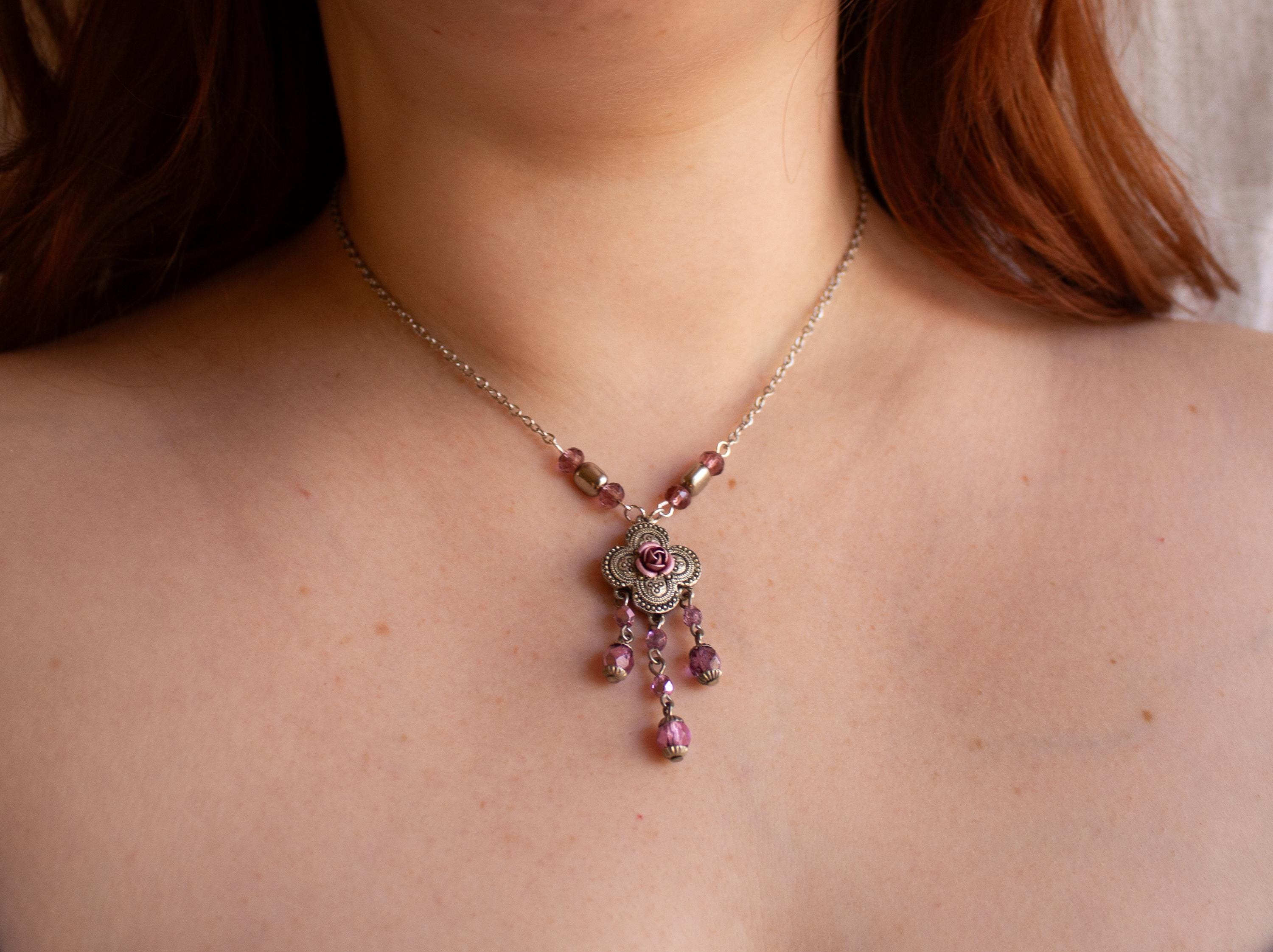 Pink Flower Pendant Necklace – Vintage Inspired Beaded Rose Necklace with Romantic Cottagecore Charm