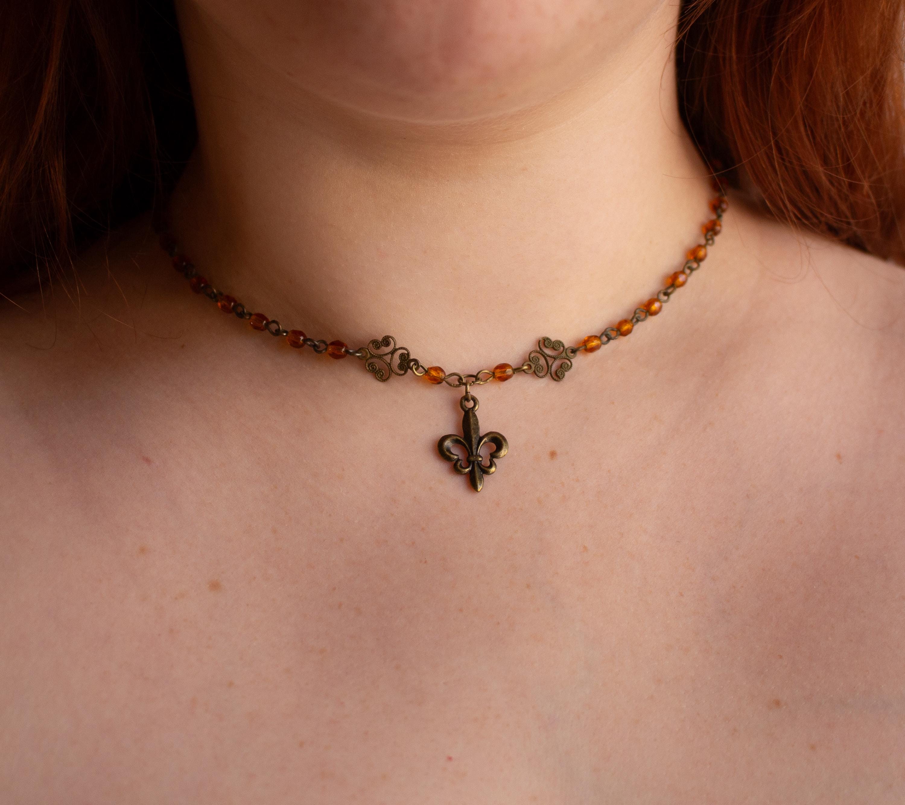 Fleur-de-Lis Beaded Necklace – Vintage Inspired Handmade Pendant with Bronze Filigree