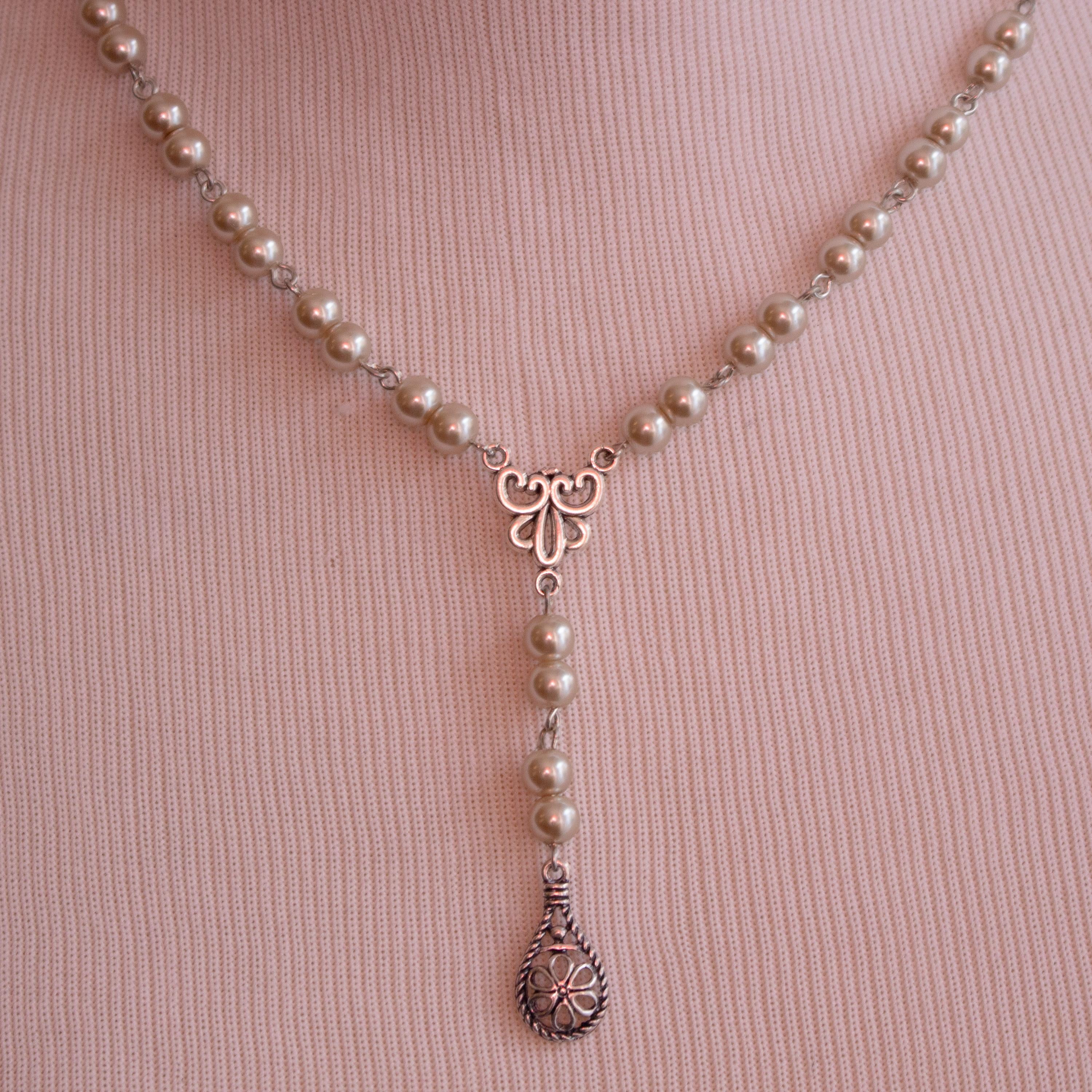 Vintage-Inspired Rosary Style Necklace with Faux Pearl Beads & Silver-Tone Pendant – Handmade Religious Jewelry