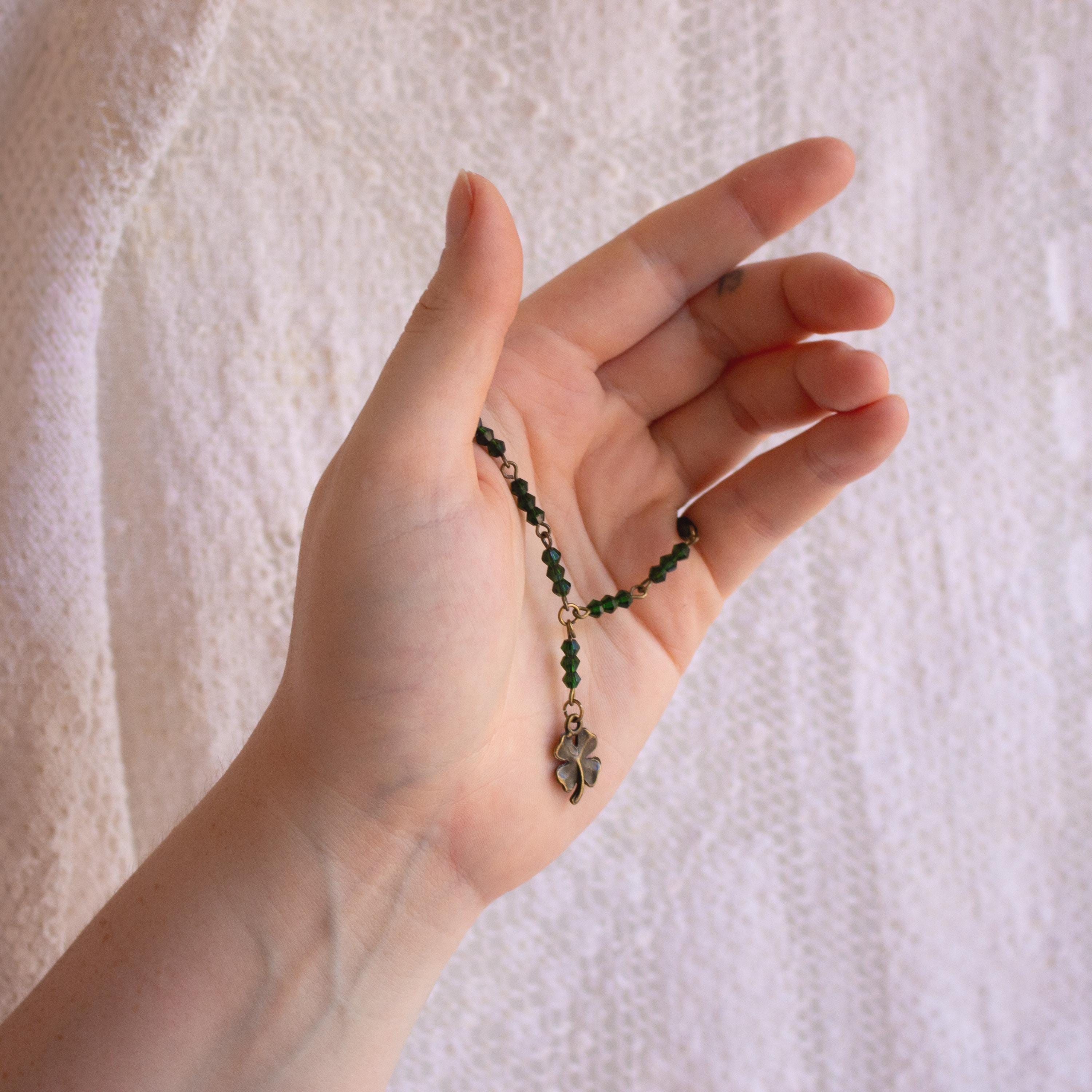 Vintage Inspired Rosary Style Bracelet with Green Glass Beads and Four-Leaf Clover Pendant