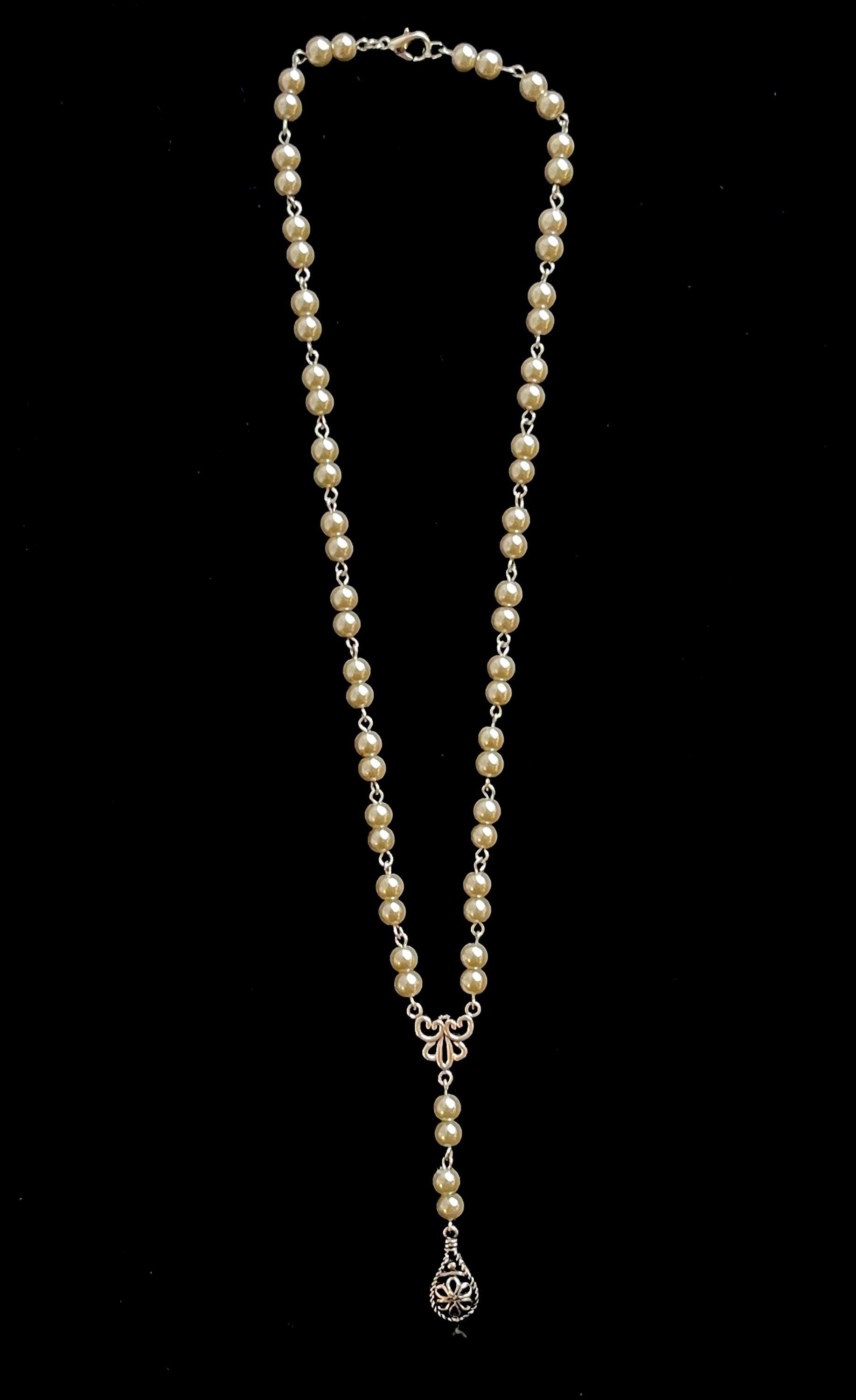 Vintage-Inspired Rosary Style Necklace with Faux Pearl Beads & Silver-Tone Pendant – Handmade Religious Jewelry