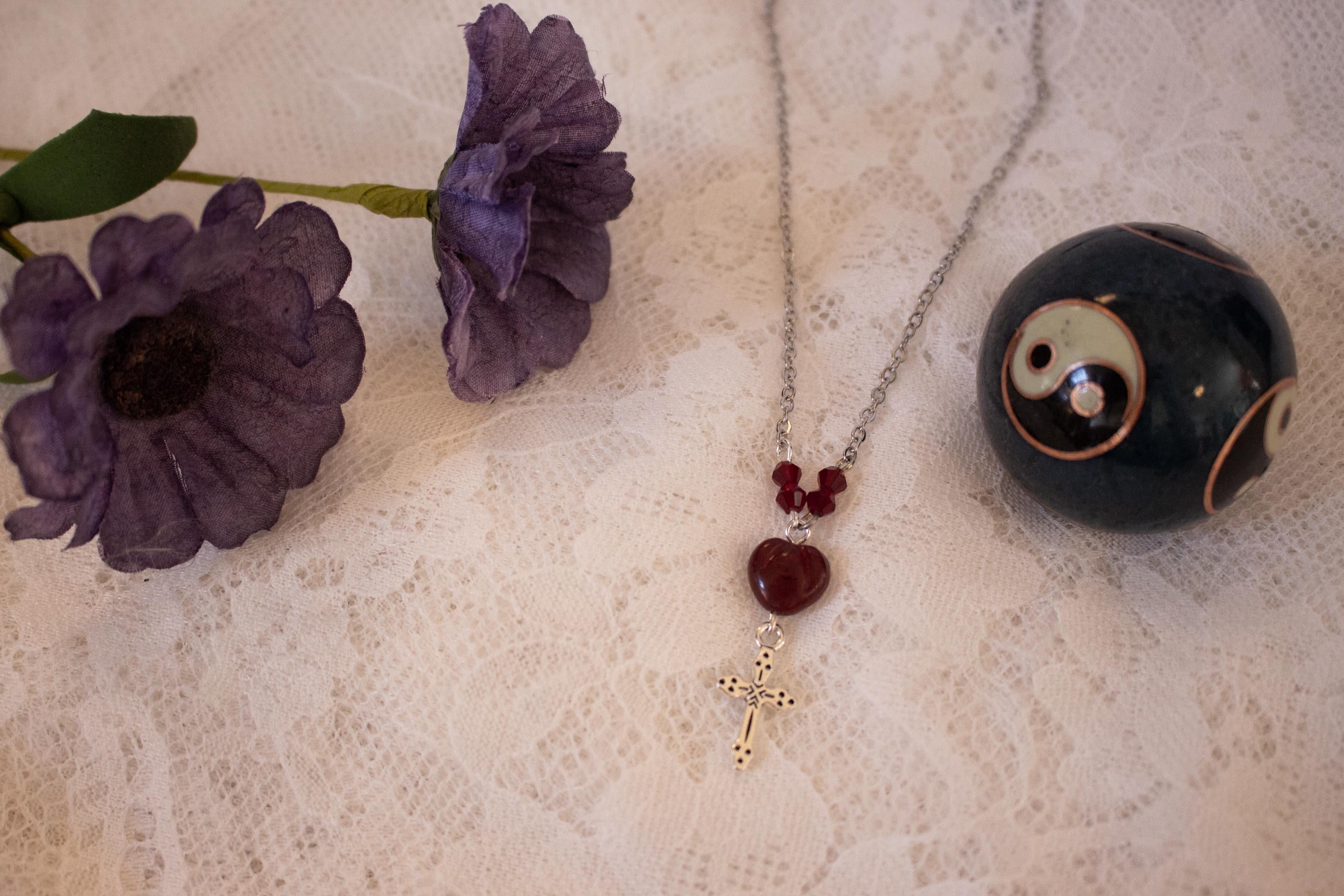 Vintage Inspired Sterling Silver Heart Bead Cross Drop Necklace – Handmade Jewelry