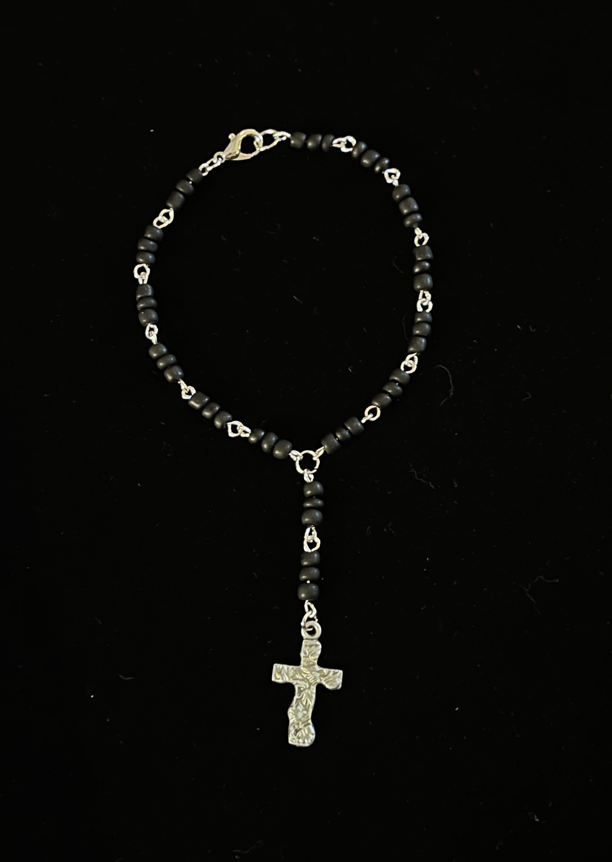 Black and Silver Rosary-Style Drop Cross Handmade Bracelet – Spiritual Beaded Jewelry
