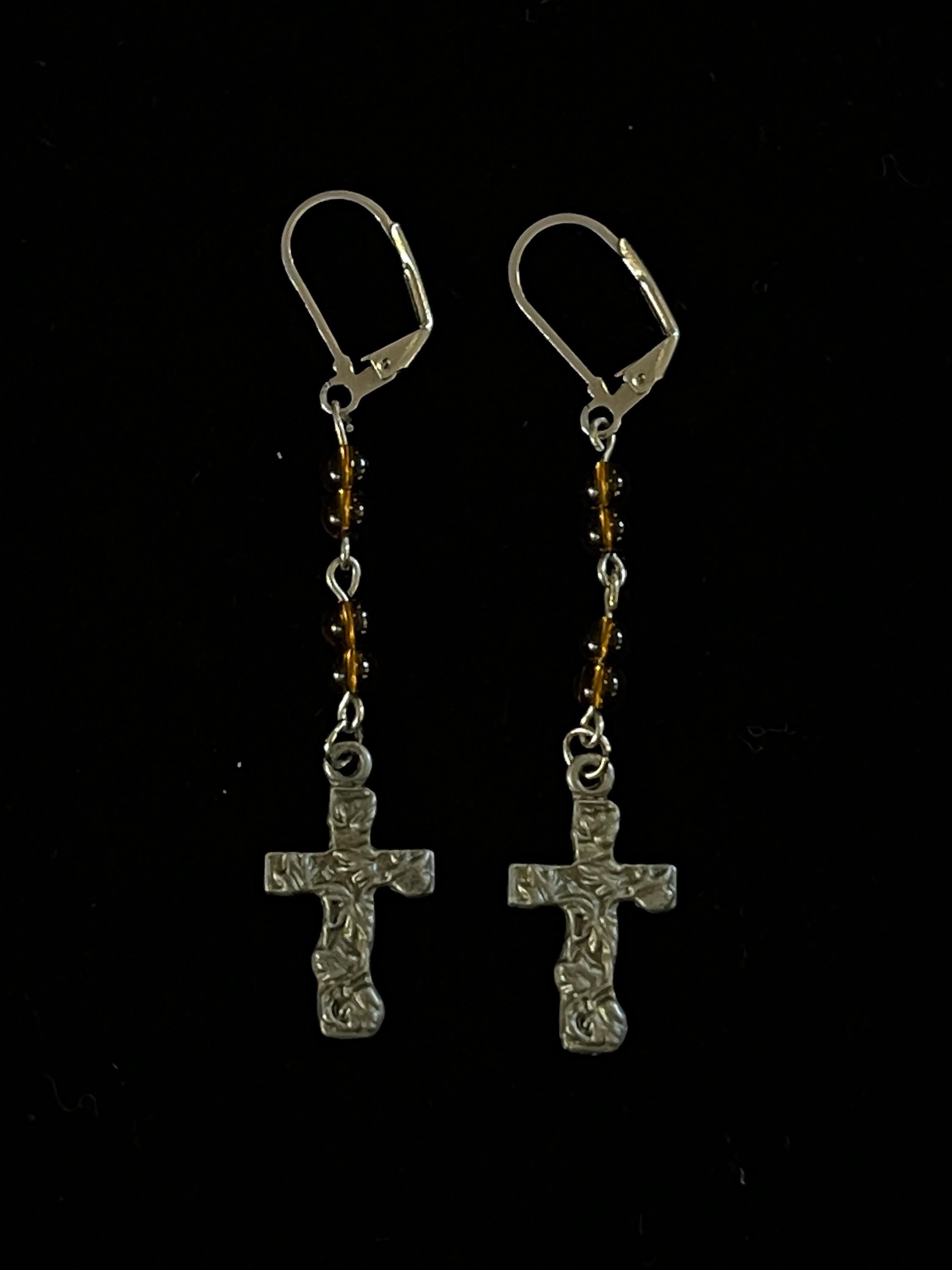 Vintage Inspired Brown Bead Cross Pendant Drop Earrings – Handmade Spiritual Jewelry