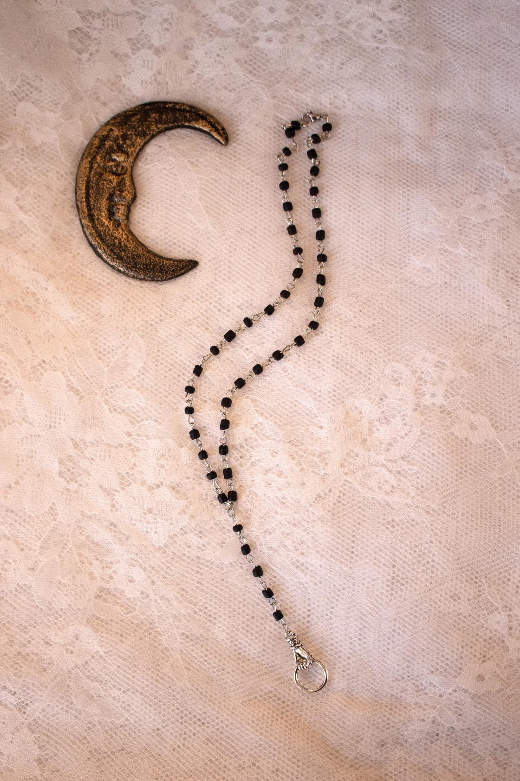 Victorian Hand Knocker Rosary Necklace: Gothic Black Beaded Y-Drop