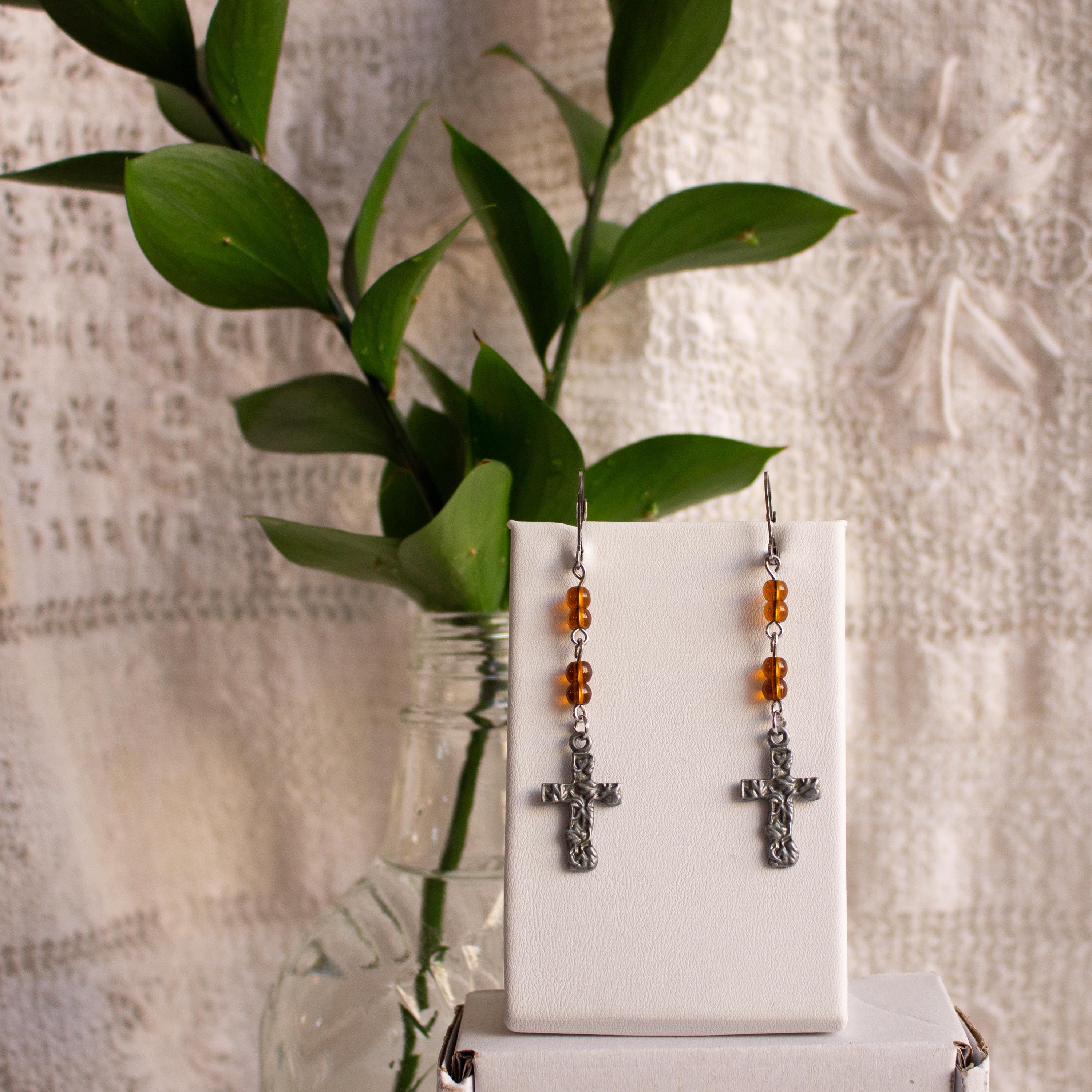 Vintage Inspired Brown Bead Cross Pendant Drop Earrings – Handmade Spiritual Jewelry