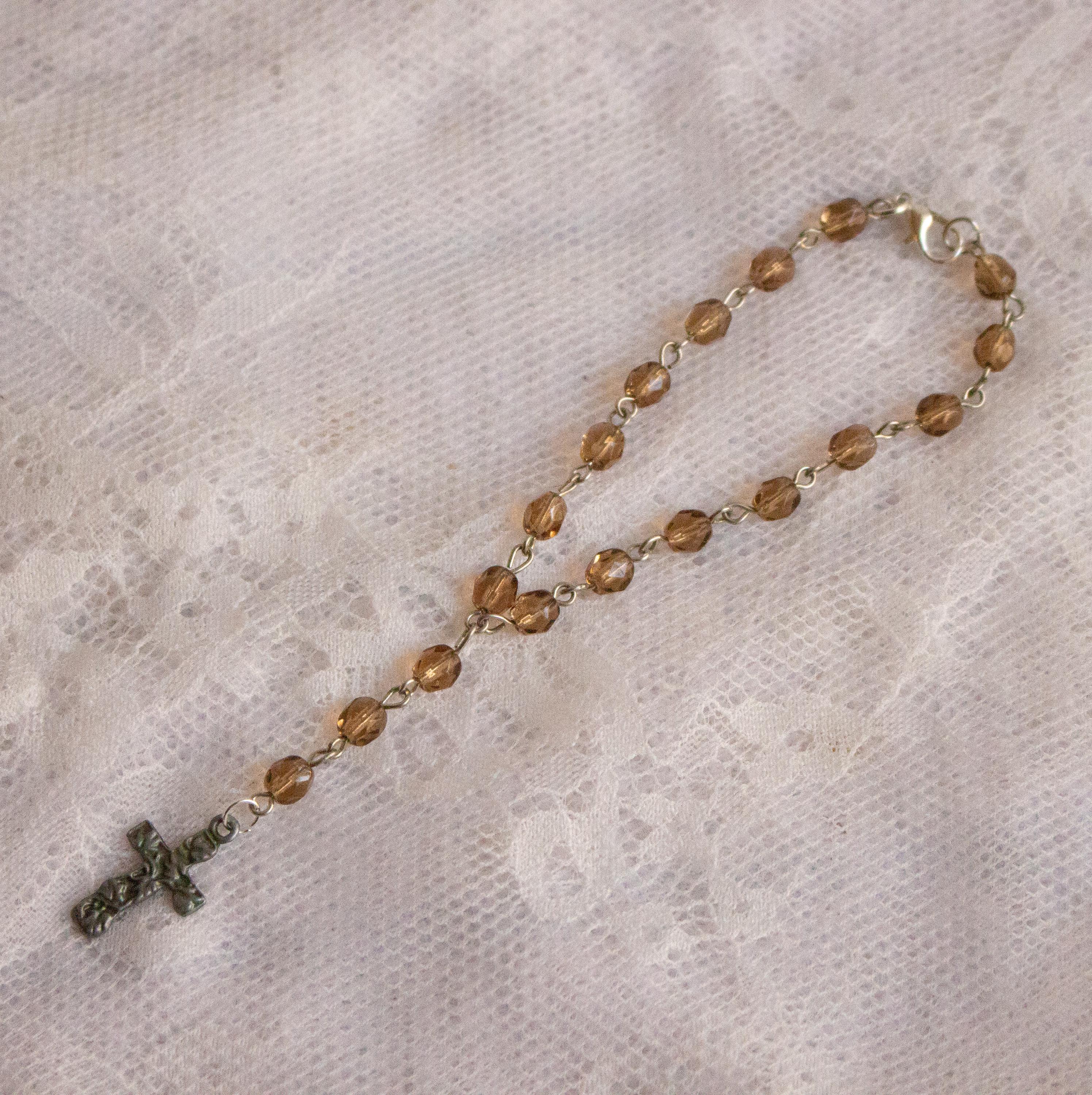Tea Color Vintage Faceted Glass Bead Rosary-Style Silver Bracelet – Handmade Elegant Jewelry