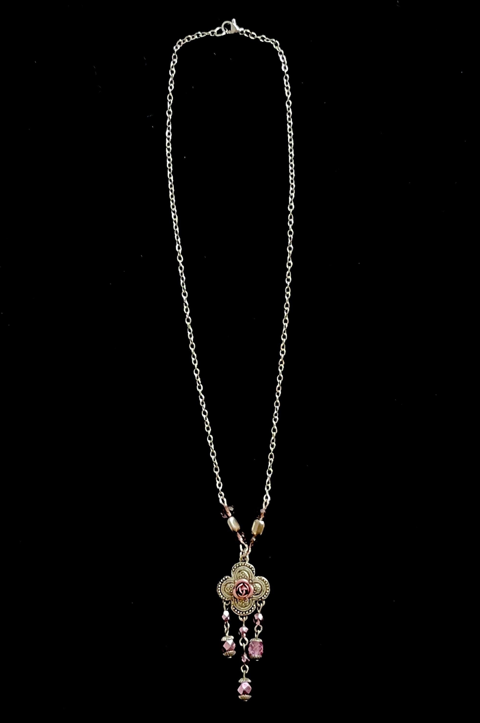 Pink Flower Pendant Necklace – Vintage Inspired Beaded Rose Necklace with Romantic Cottagecore Charm