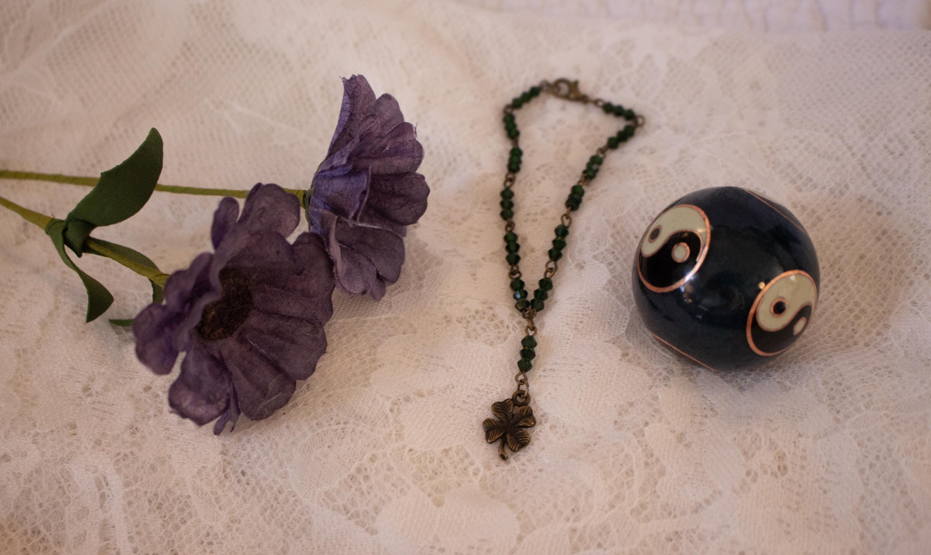 Vintage Inspired Rosary Style Bracelet with Green Glass Beads and Four-Leaf Clover Pendant