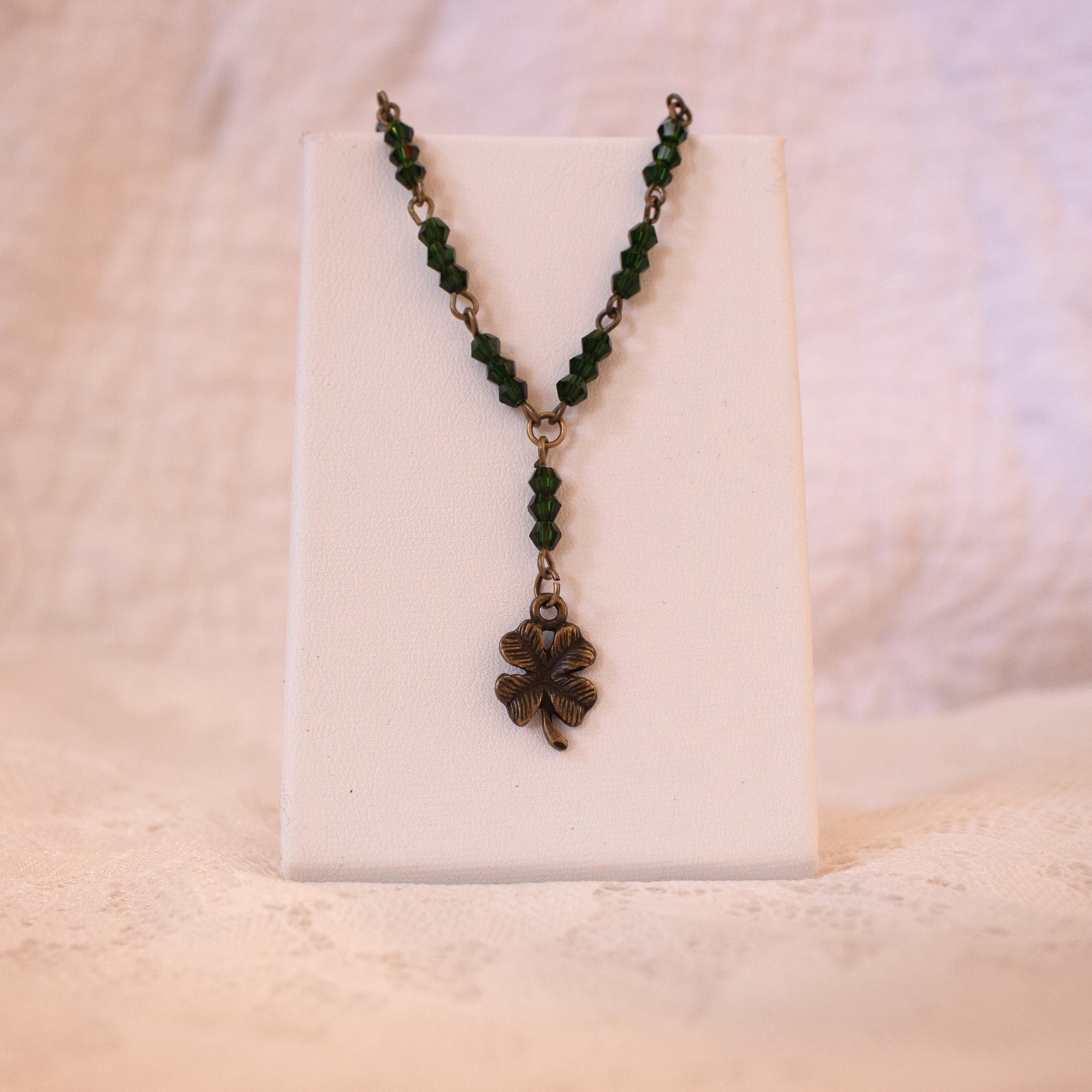 Vintage Inspired Rosary Style Bracelet with Green Glass Beads and Four-Leaf Clover Pendant