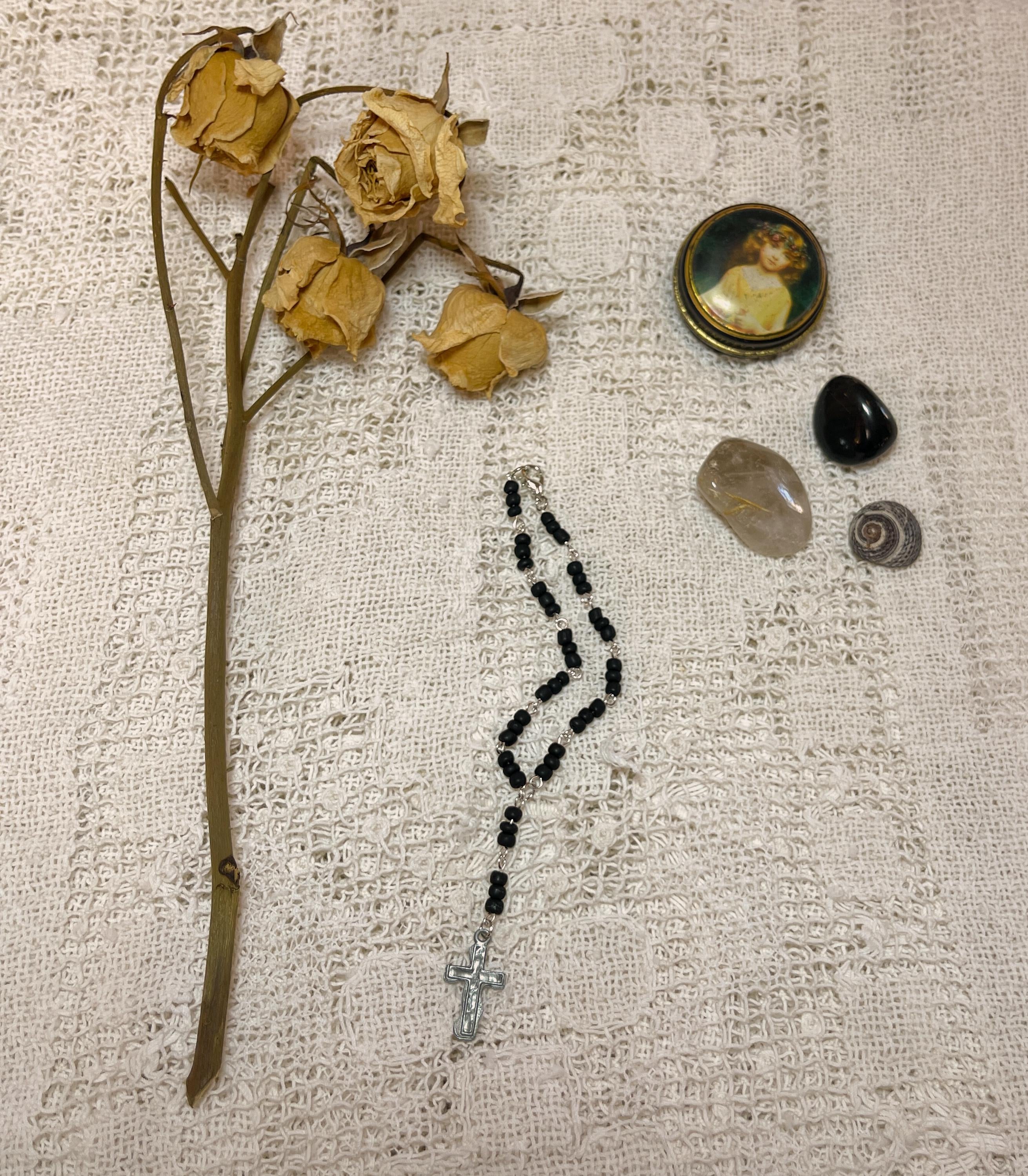 Black and Silver Rosary-Style Drop Cross Handmade Bracelet – Spiritual Beaded Jewelry