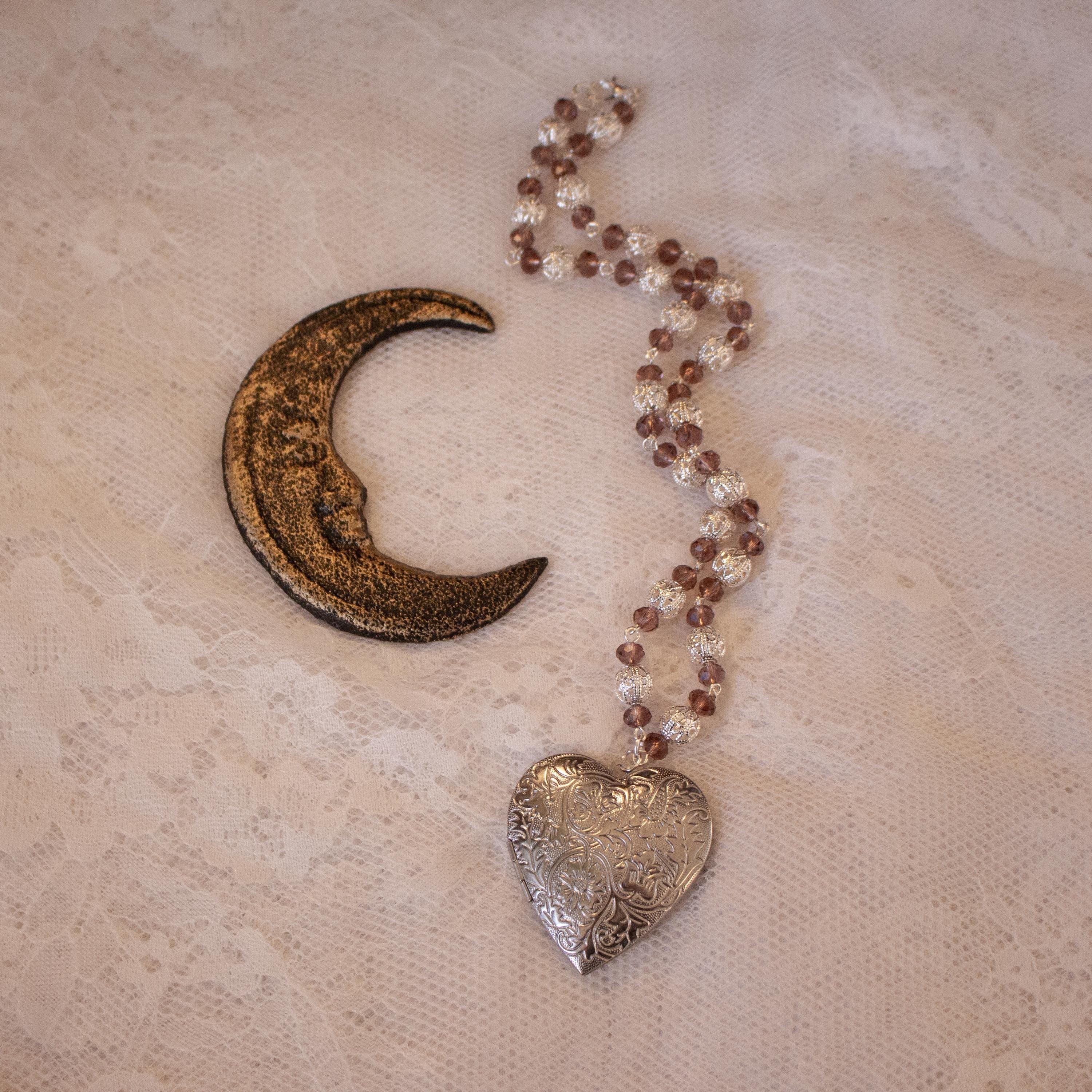 Purple and Silver Beaded Heart Locket Necklace – Vintage Inspired Oversized Pendant Jewelry