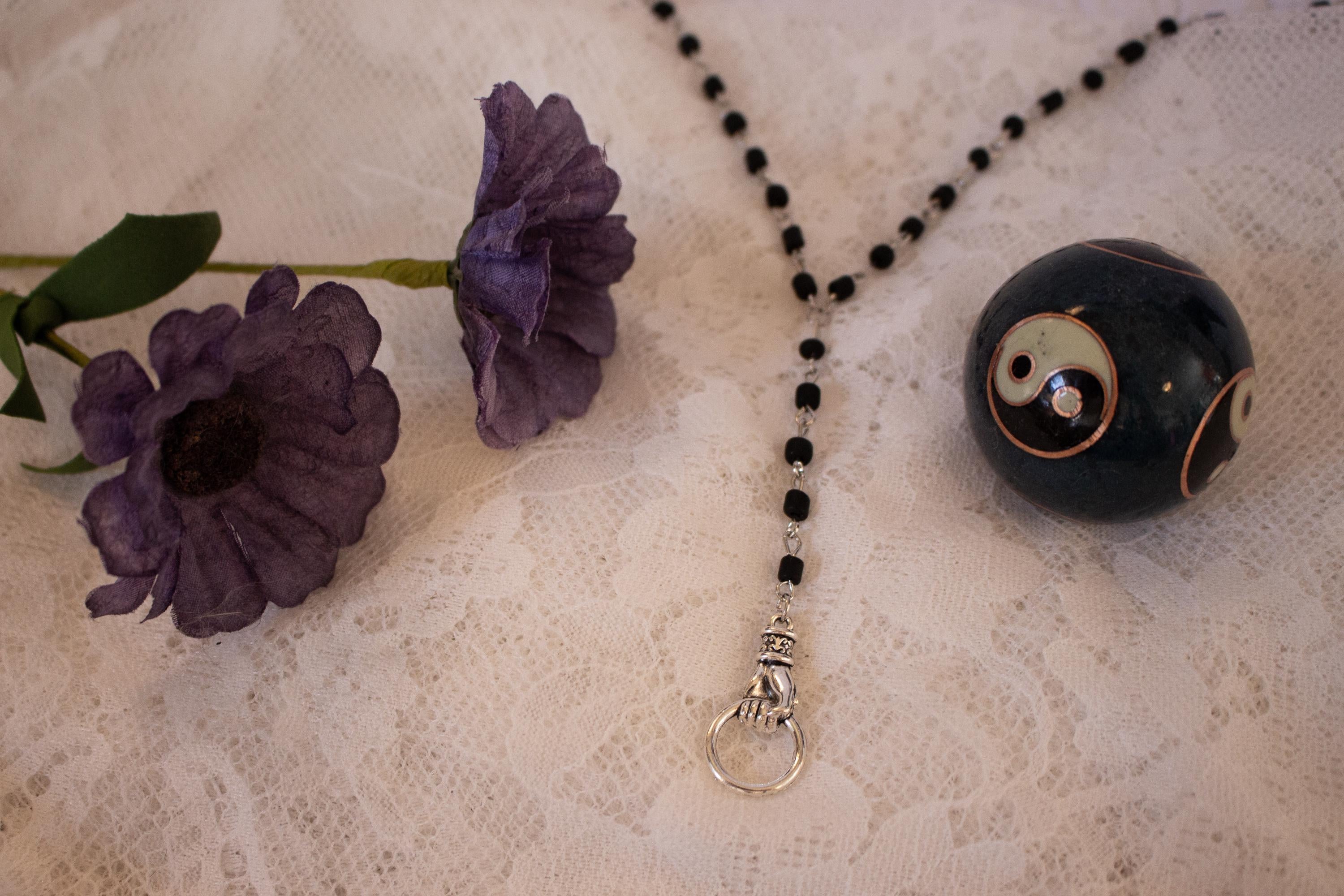 Victorian Hand Knocker Rosary Necklace: Gothic Black Beaded Y-Drop