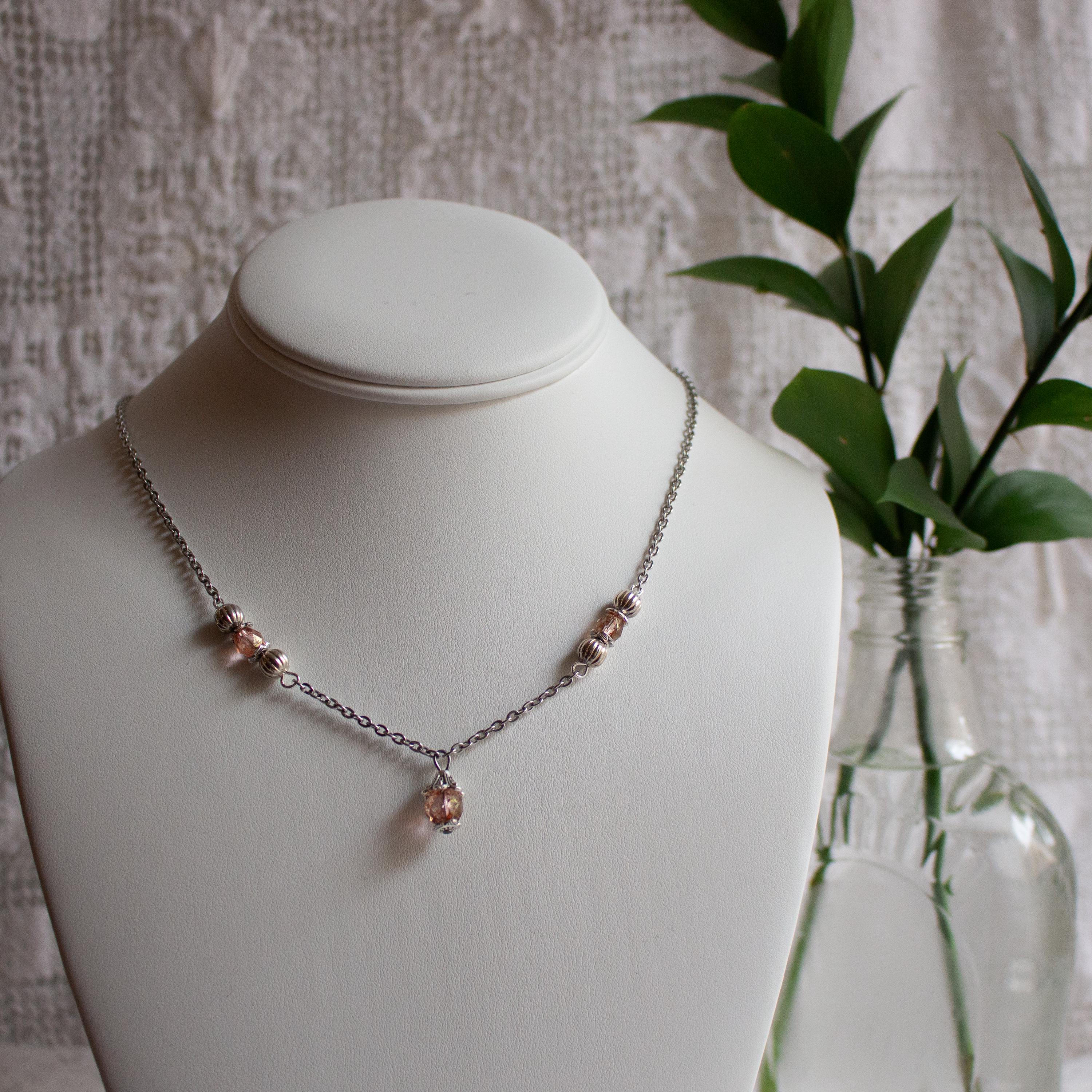 Vintage Inspired Light Pink Dainty Flower Drop Glass Beaded Necklace – Feminine Romantic Jewelry