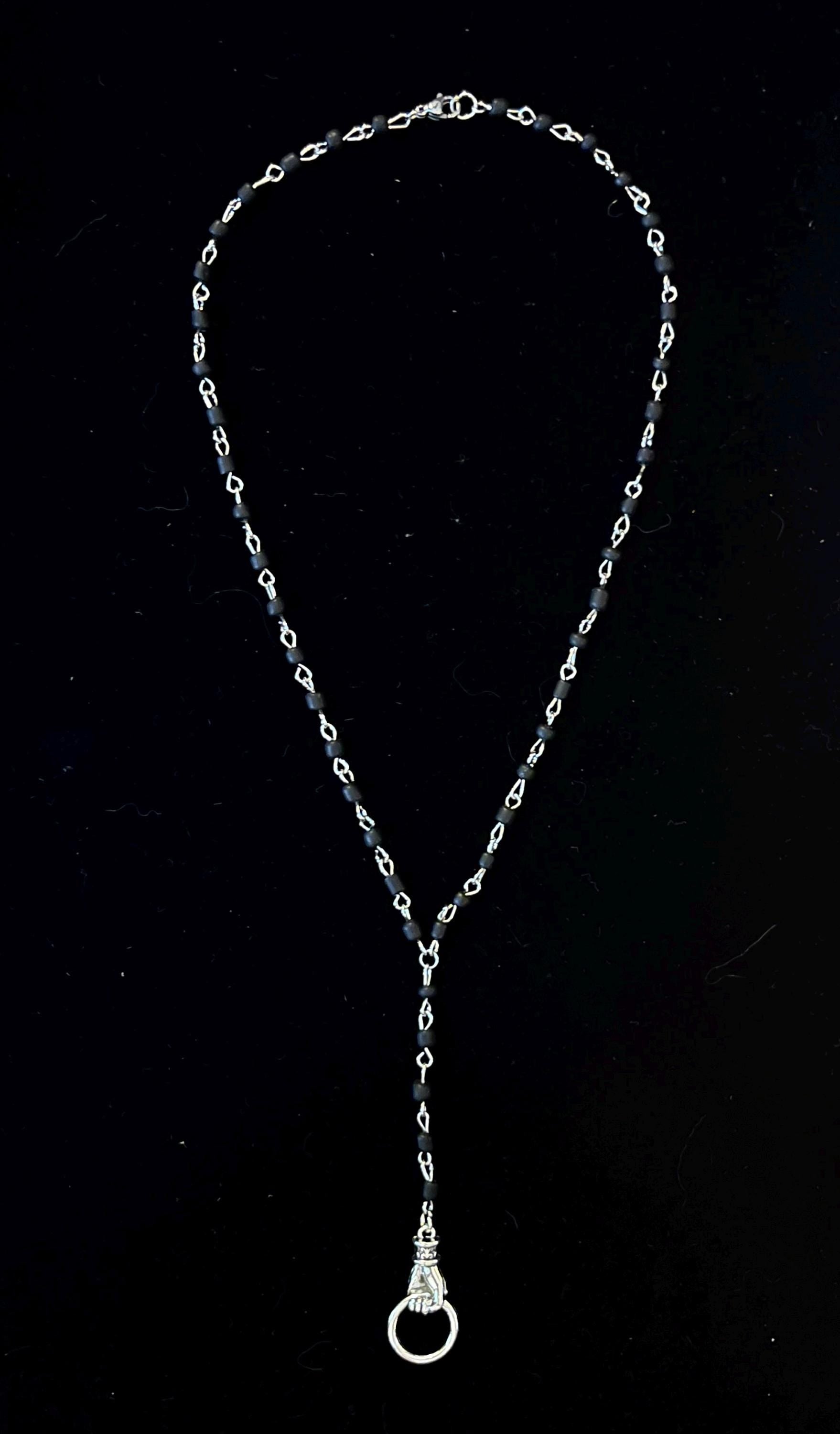 Victorian Hand Knocker Rosary Necklace: Gothic Black Beaded Y-Drop