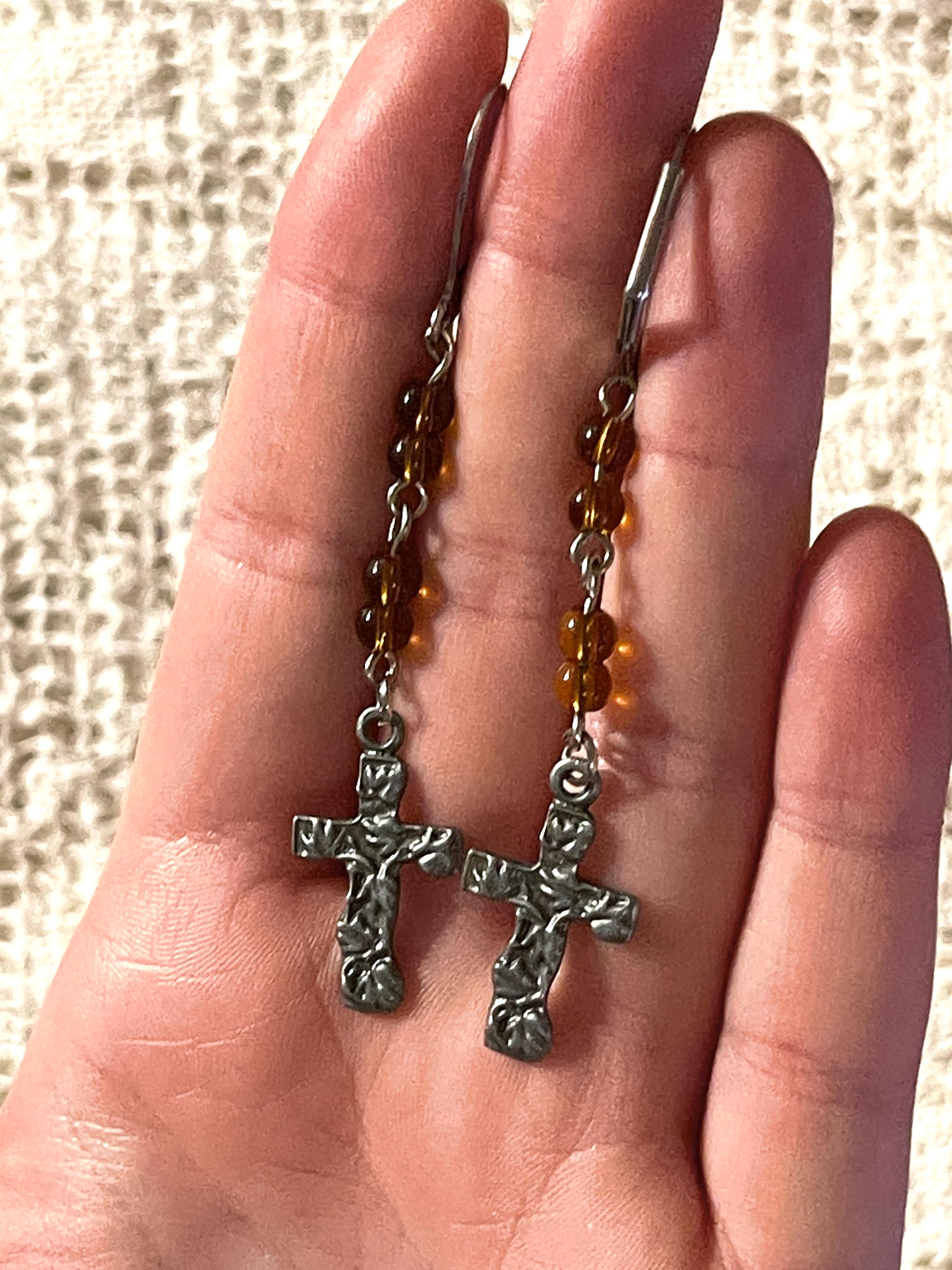 Vintage Inspired Brown Bead Cross Pendant Drop Earrings – Handmade Spiritual Jewelry