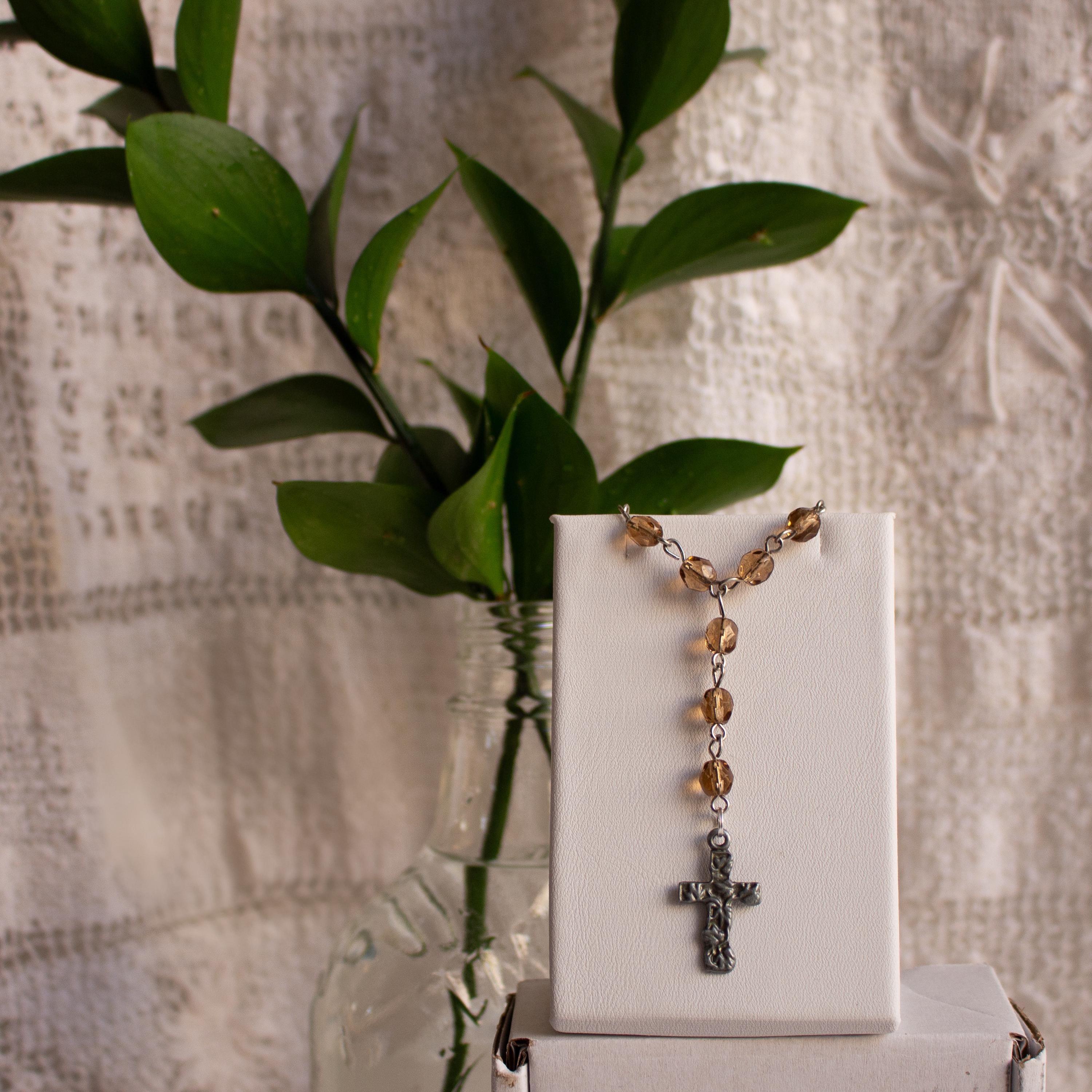 Tea Color Vintage Faceted Glass Bead Rosary-Style Silver Bracelet – Handmade Elegant Jewelry