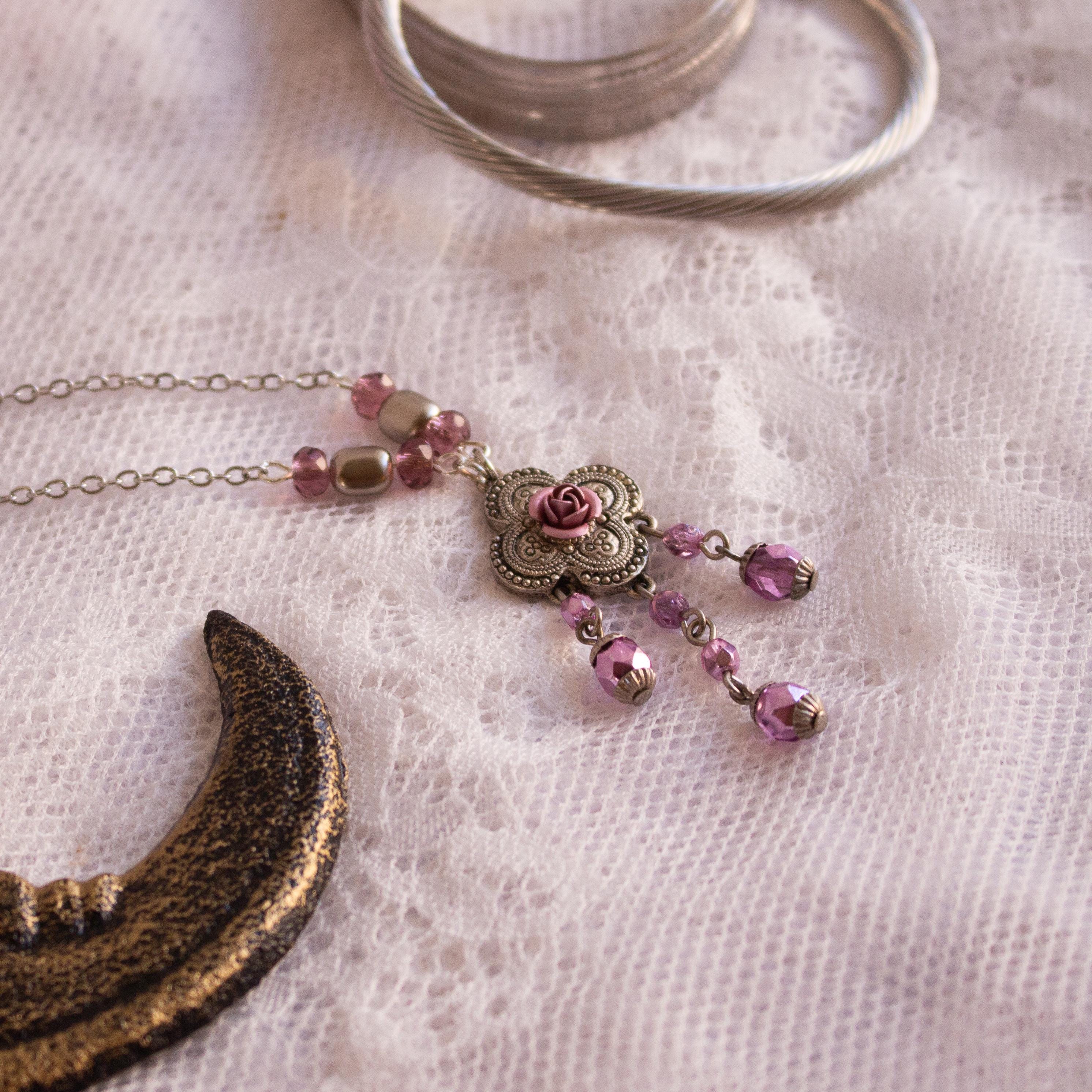 Pink Flower Pendant Necklace – Vintage Inspired Beaded Rose Necklace with Romantic Cottagecore Charm