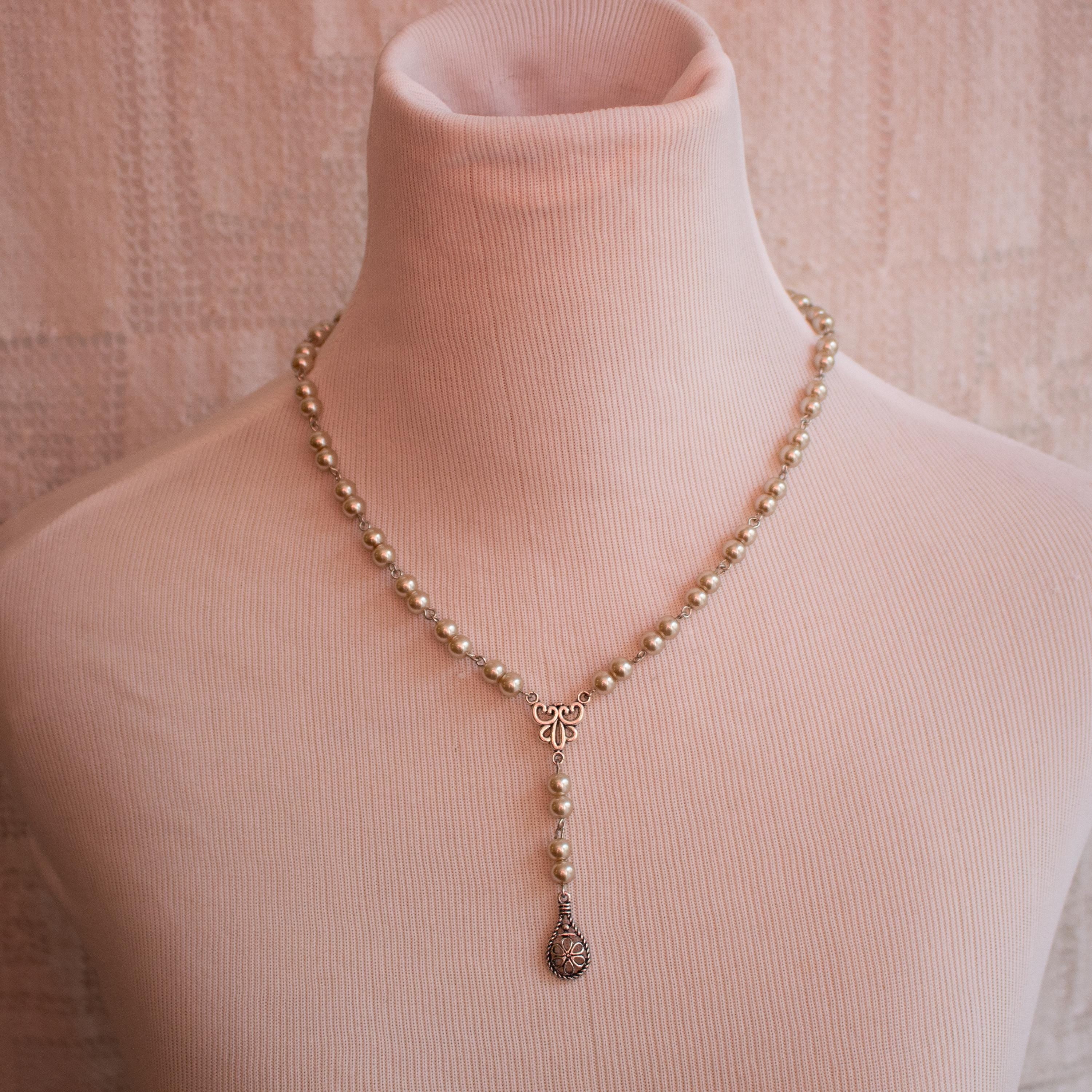 Vintage-Inspired Rosary Style Necklace with Faux Pearl Beads & Silver-Tone Pendant – Handmade Religious Jewelry