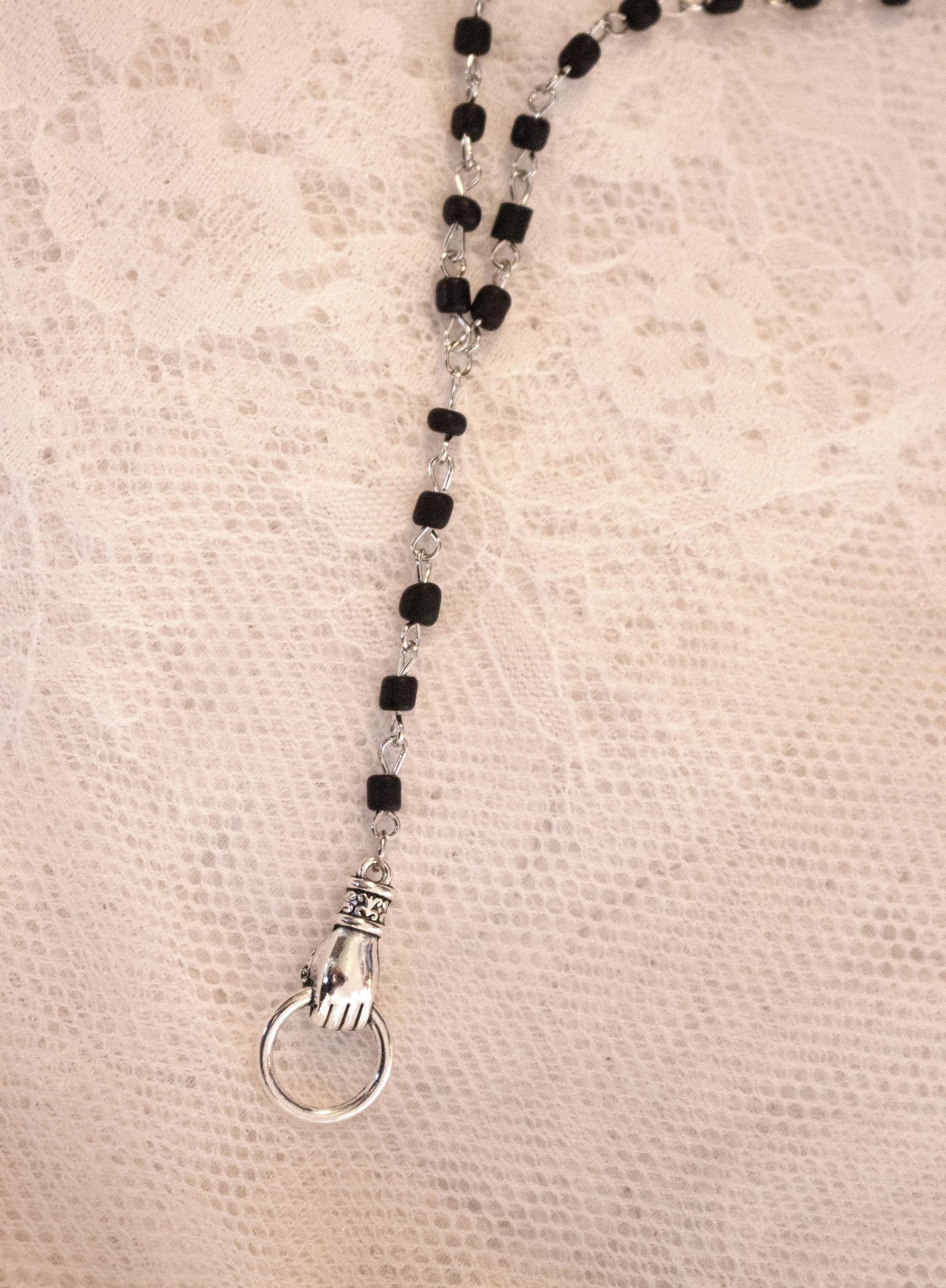 Victorian Hand Knocker Rosary Necklace: Gothic Black Beaded Y-Drop