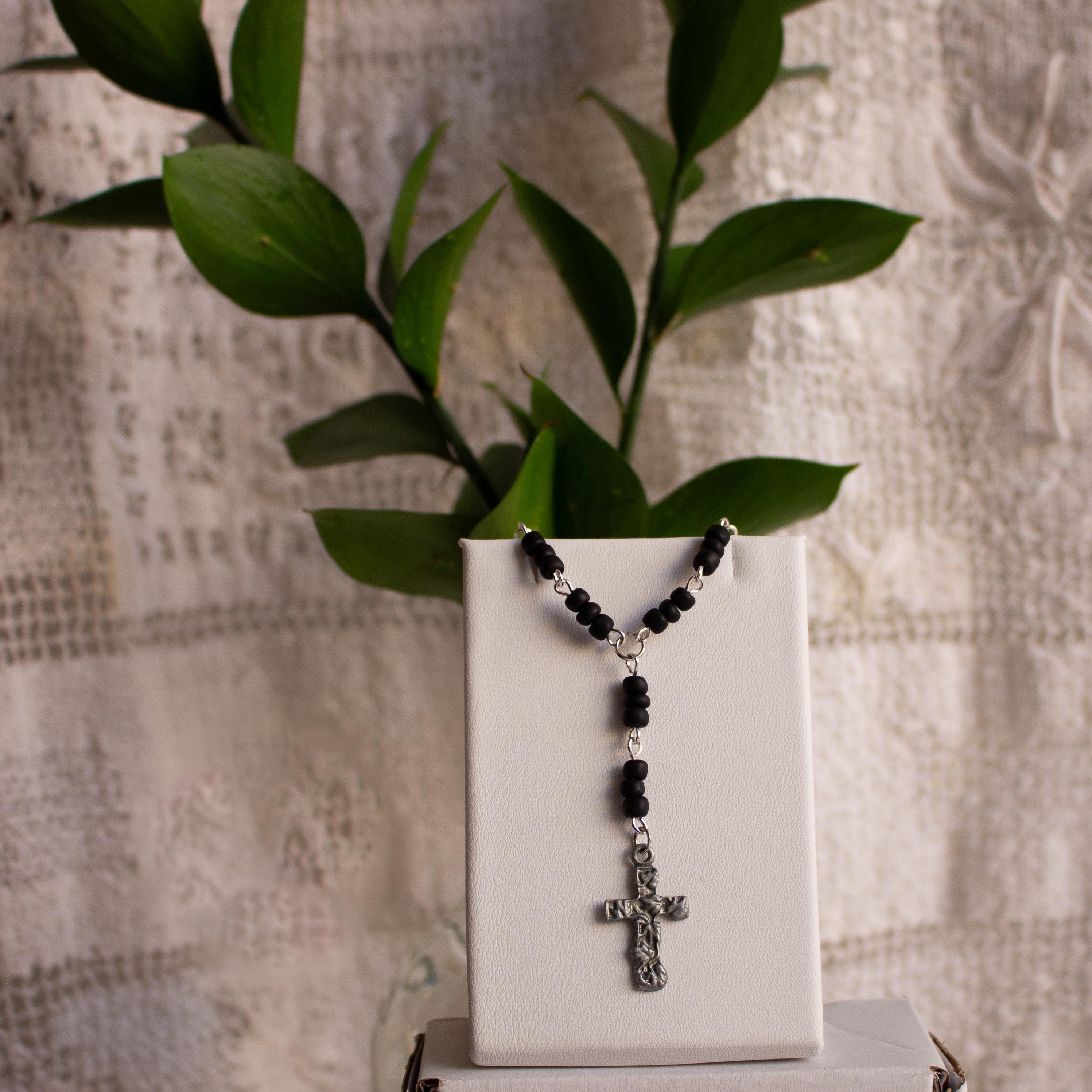 Black and Silver Rosary-Style Drop Cross Handmade Bracelet – Spiritual Beaded Jewelry