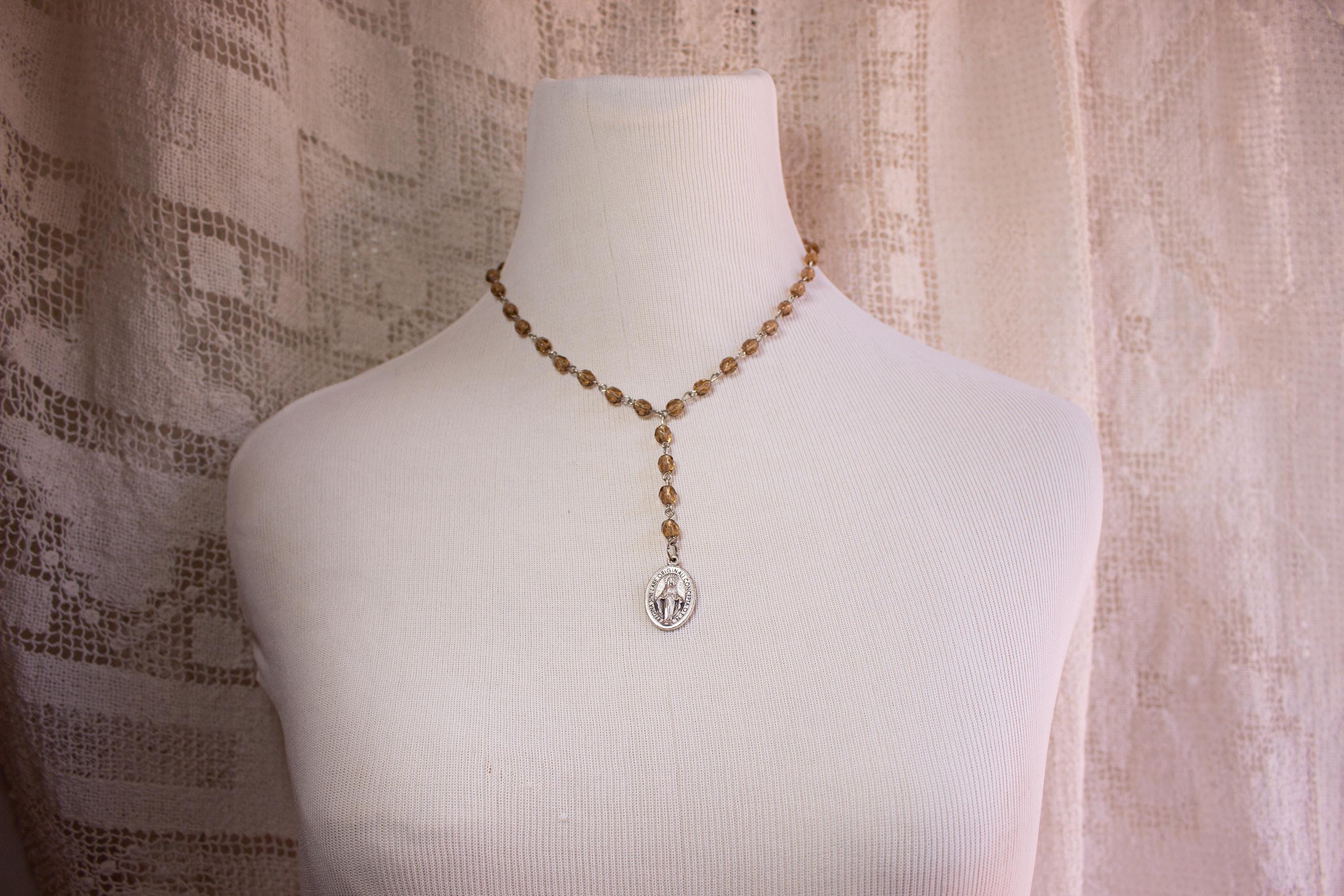 Vintage-Inspired Faceted Glass Rosary Drop Necklace with Miraculous Medal Pendant