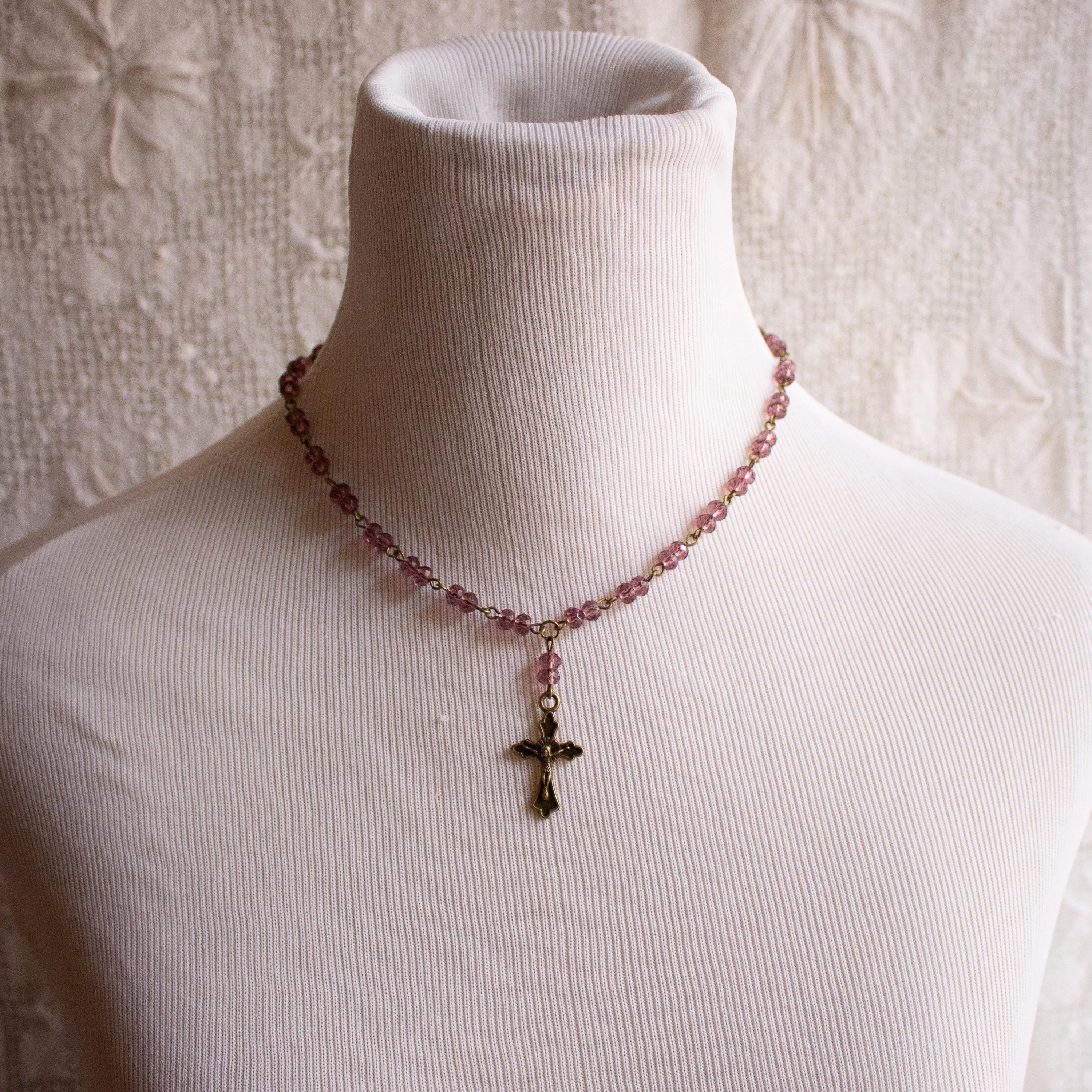 Vintage Inspired Purple Beaded Bronze Cross Necklace – Whimsigoth Spiritual Jewelry