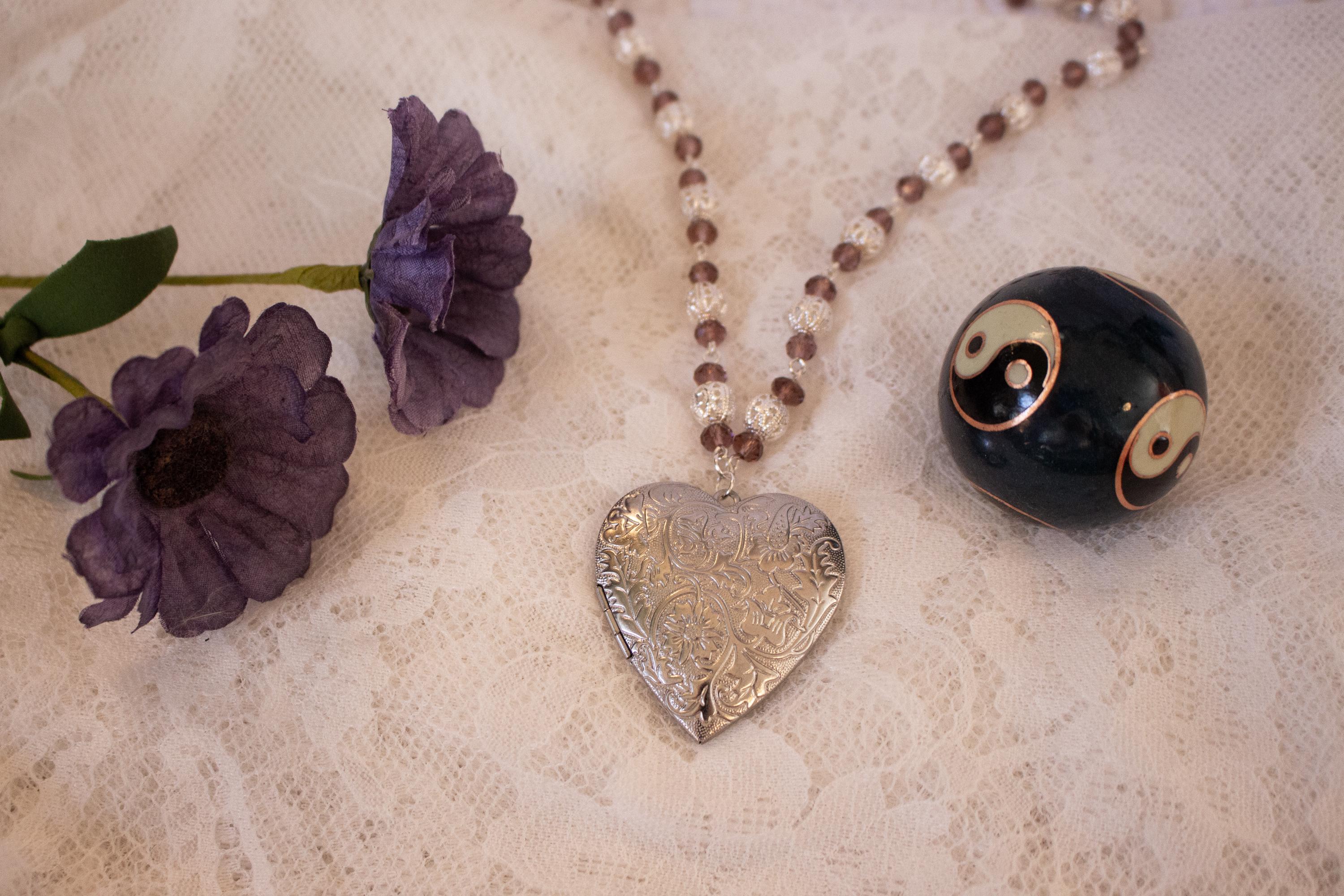 Purple and Silver Beaded Heart Locket Necklace – Vintage Inspired Oversized Pendant Jewelry