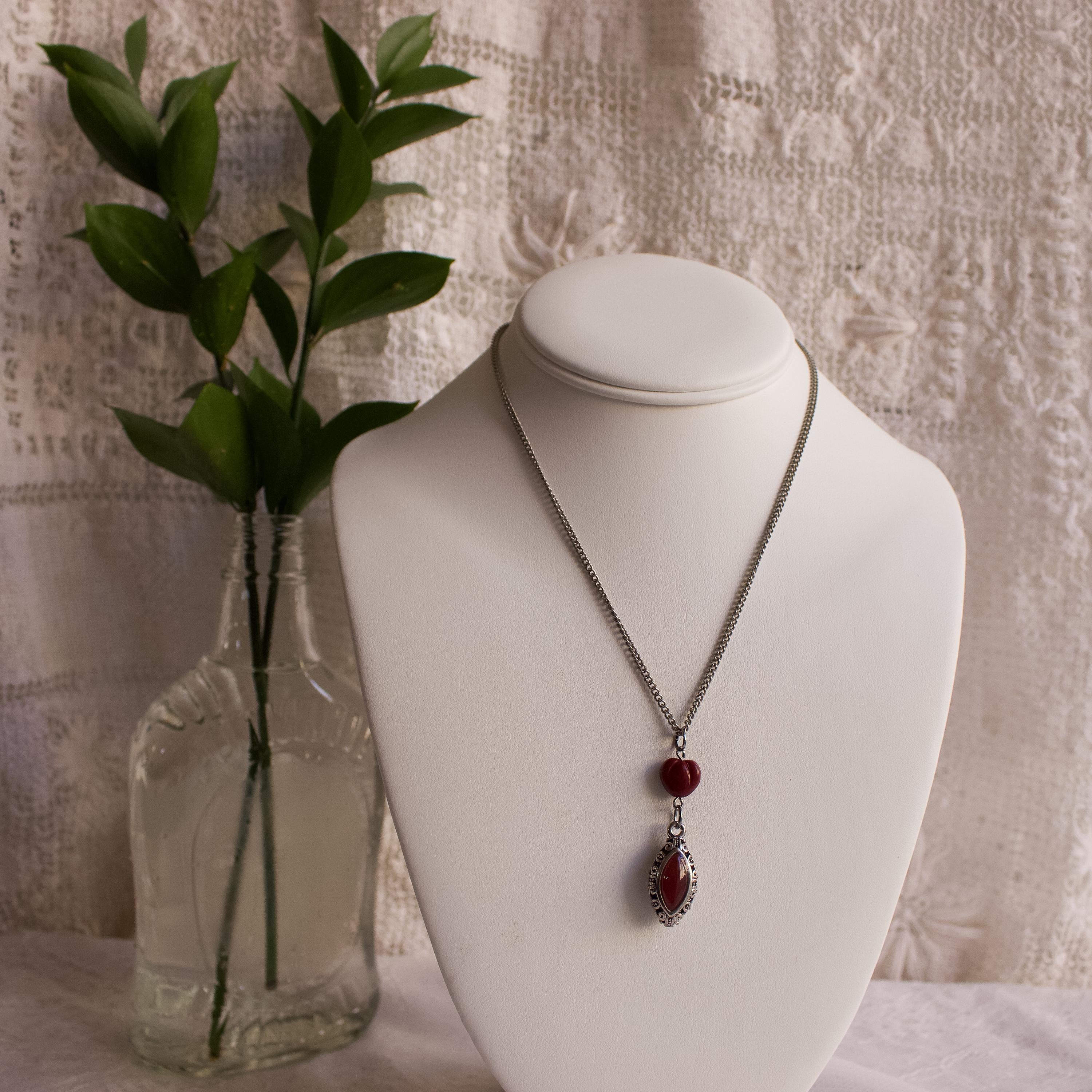 Vintage-Inspired Red Heart Silver Drop Pendant Necklace – Handmade Statement Jewelry